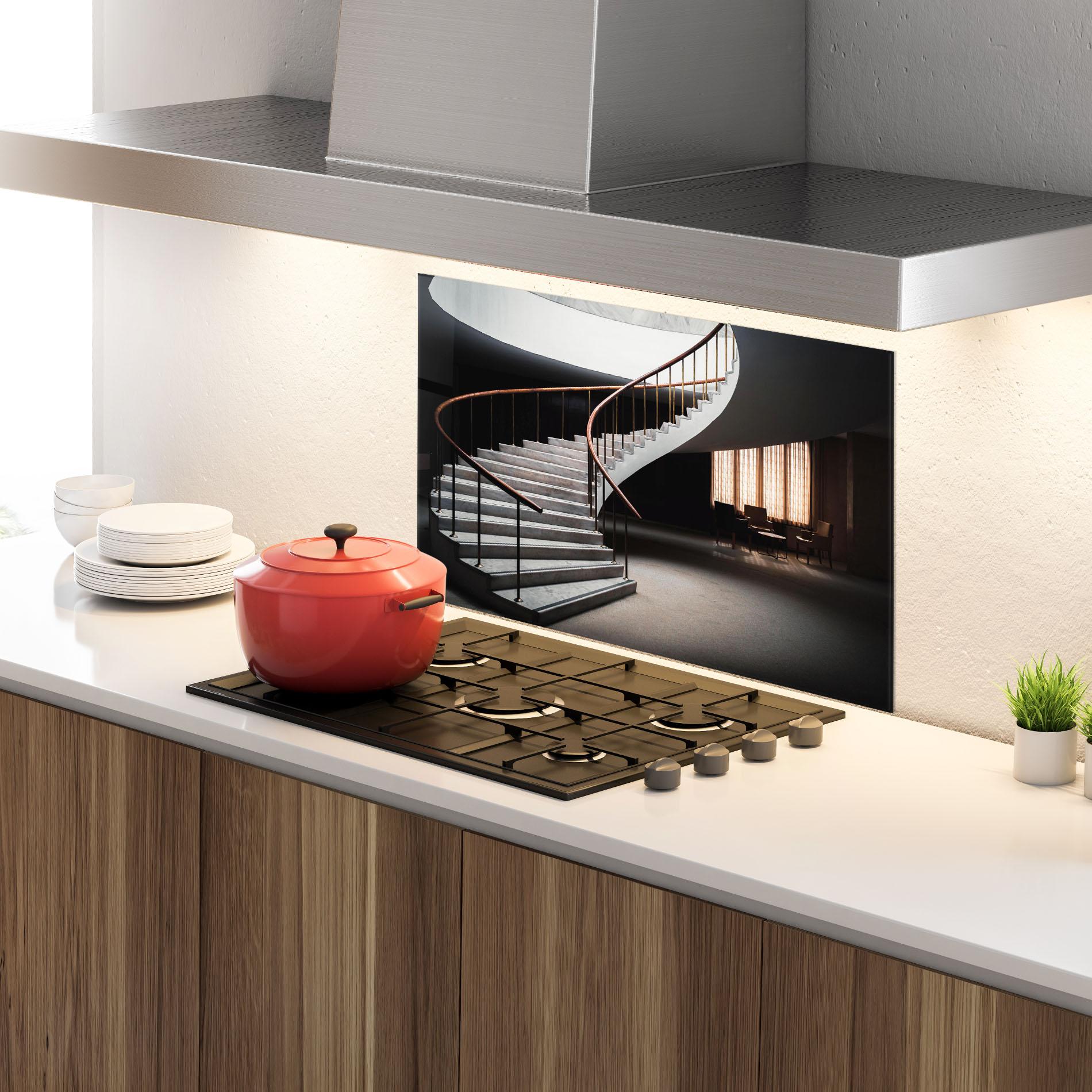Küchenrückwand Glas Dark Room Stairs mockup 4