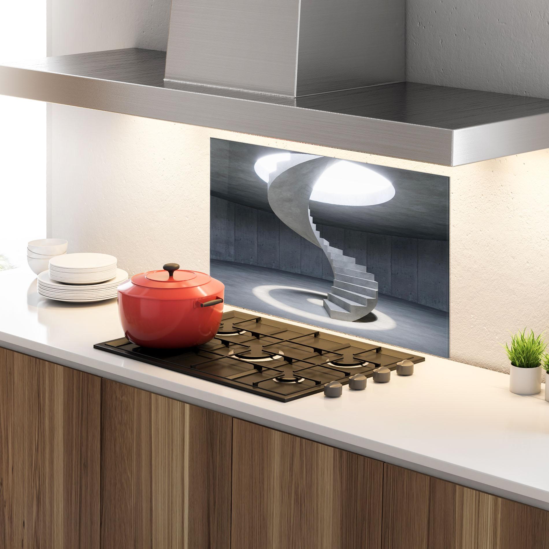 Küchenrückwand Glas Spiral White Staircase mockup 4