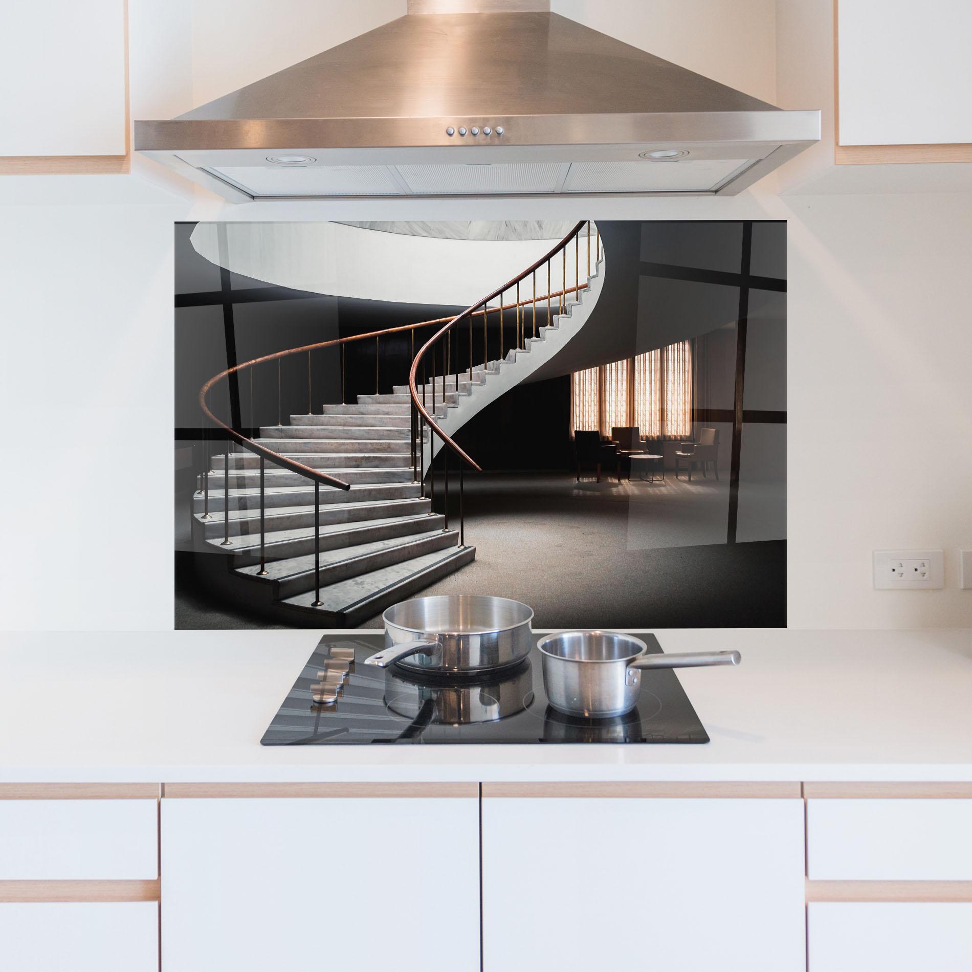 Küchenrückwand Glas Dark Room Stairs mockup 5