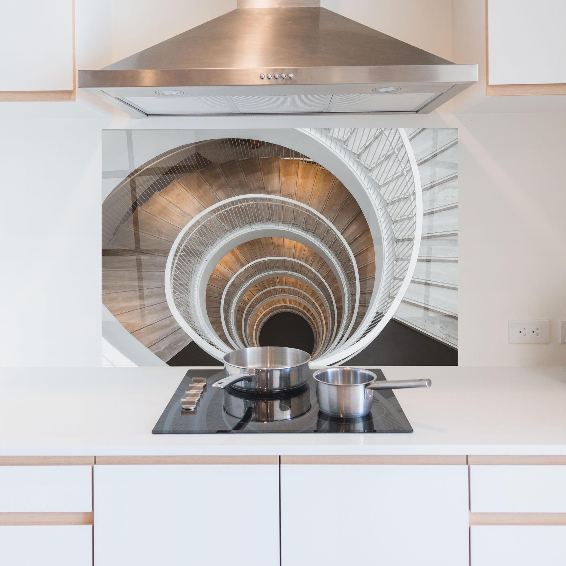 Küchenrückwand Glas White Spiral Stairs mockup 5