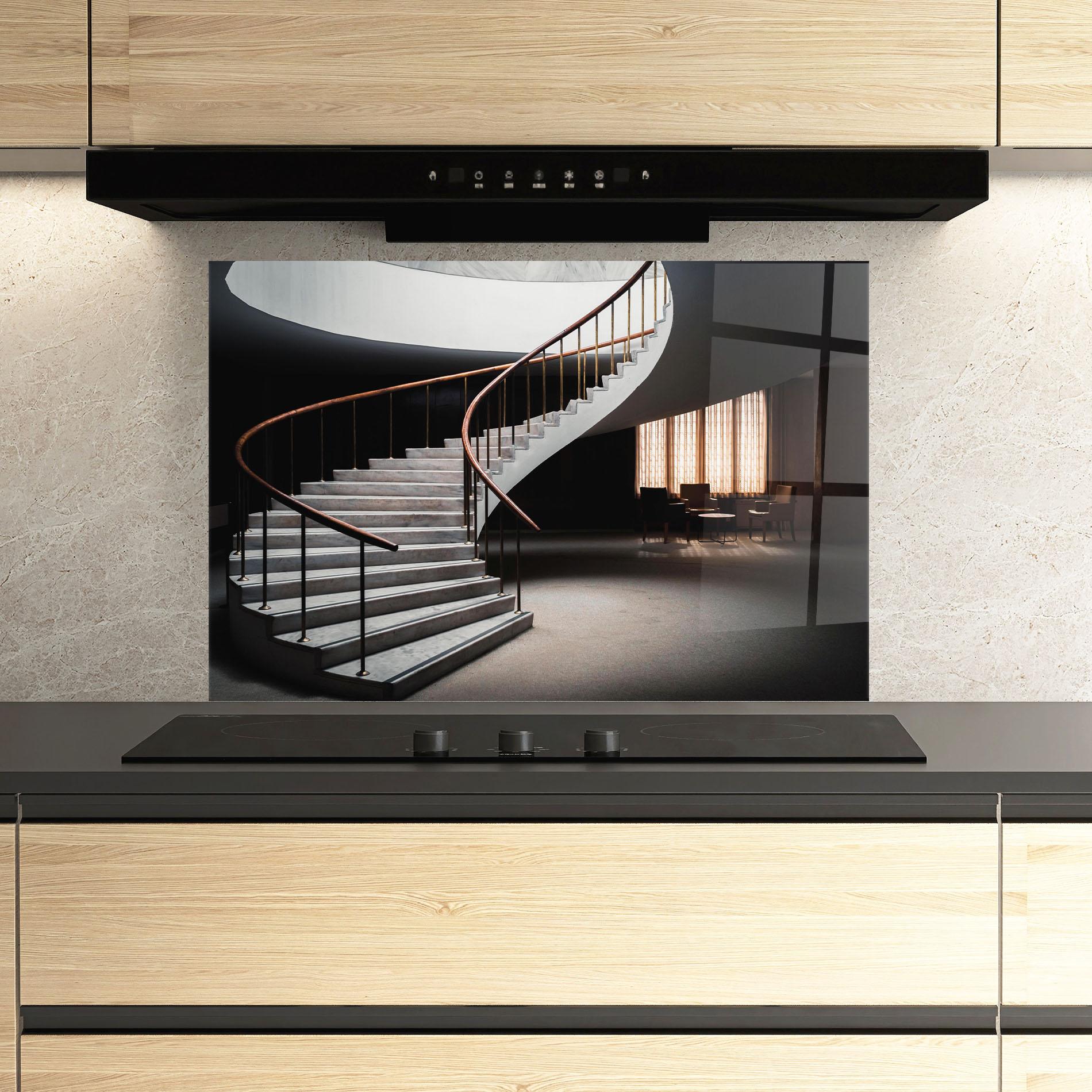 Küchenrückwand Glas Dark Room Stairs mockup 3