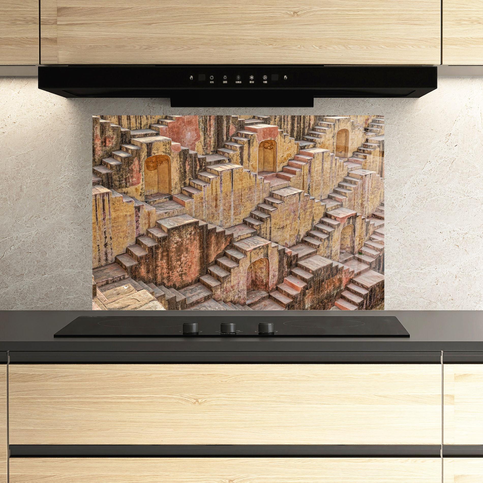 Küchenrückwand Glas Old Brown Stairs mockup 3