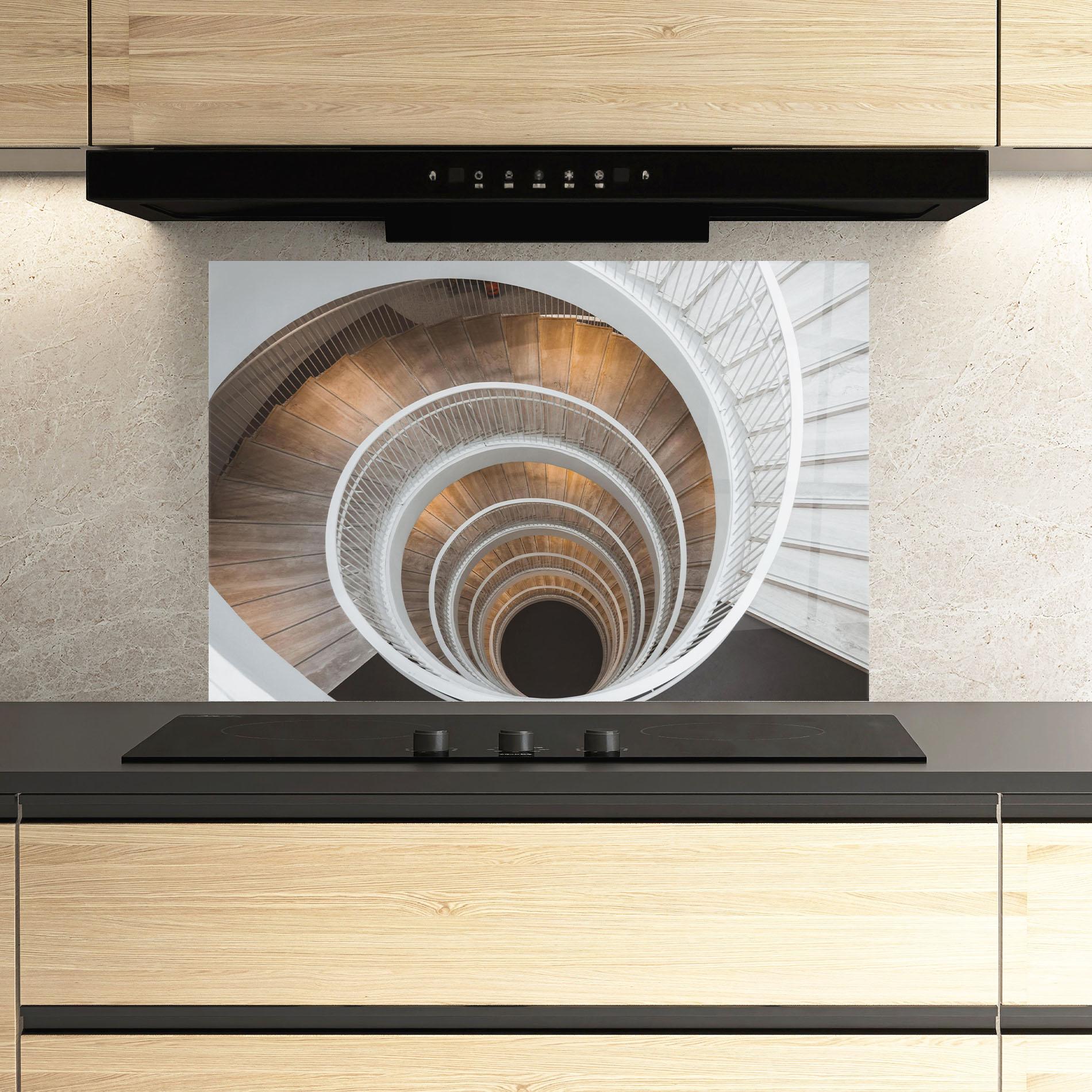 Küchenrückwand Glas White Spiral Stairs mockup 3