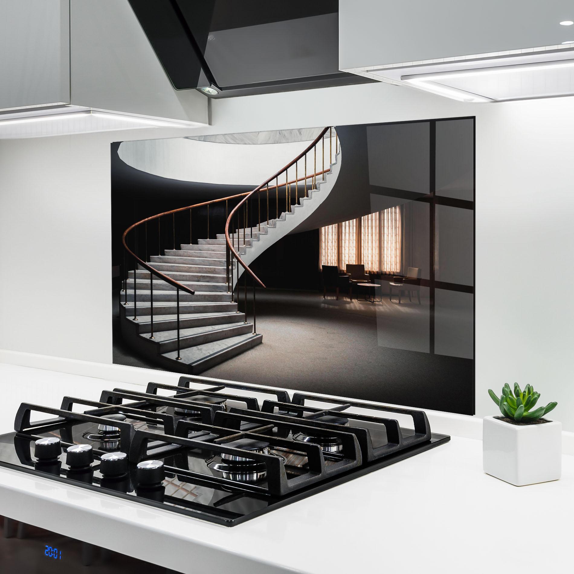 Küchenrückwand Glas Dark Room Stairs mockup 6