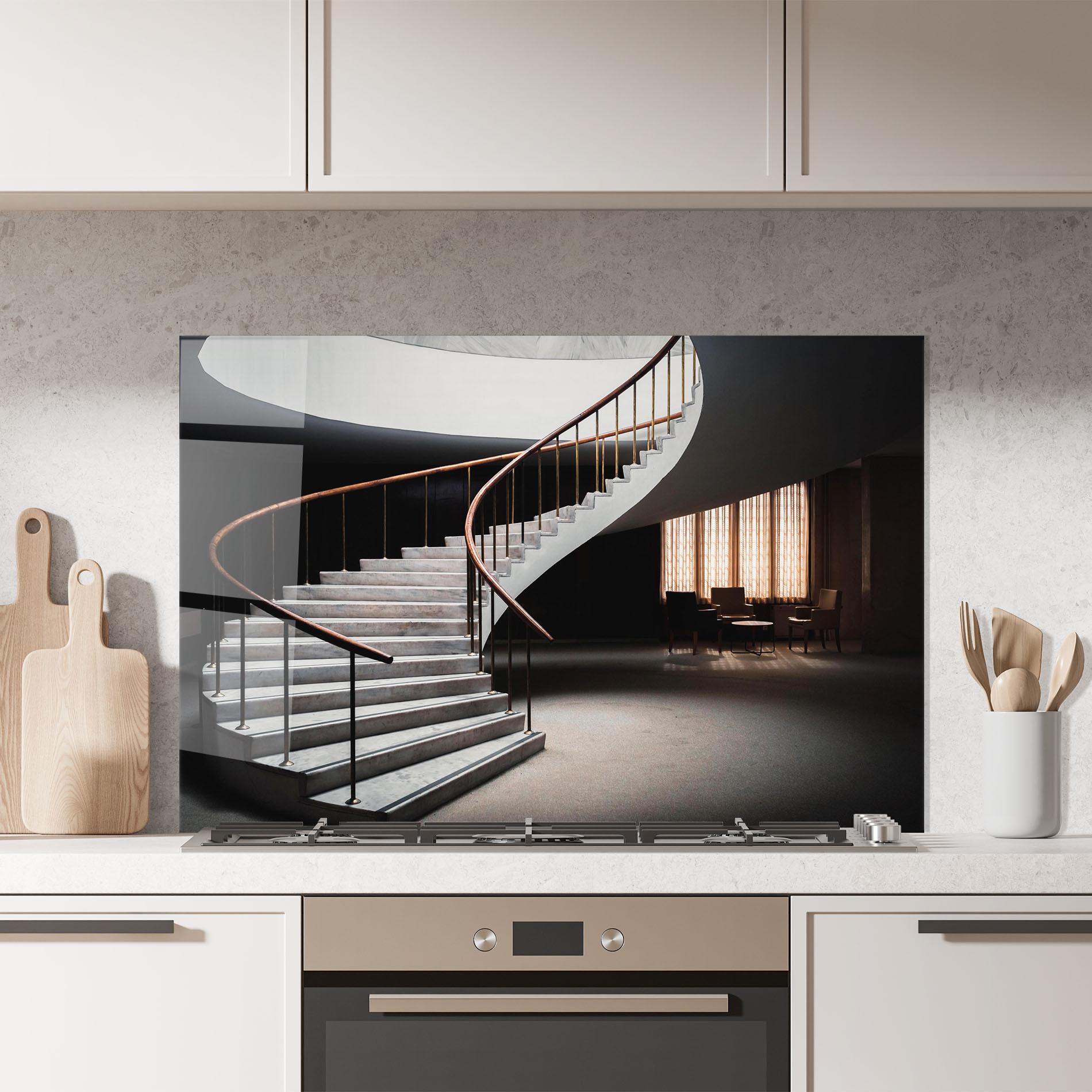 Küchenrückwand Glas Dark Room Stairs mockup 7
