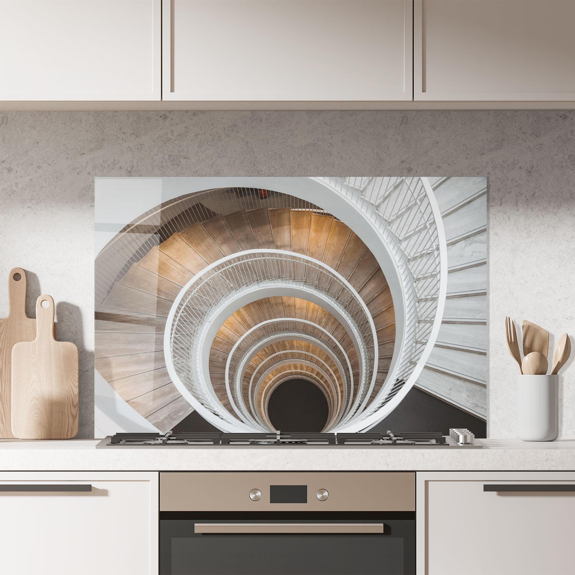 Küchenrückwand Glas White Spiral Stairs mockup 7
