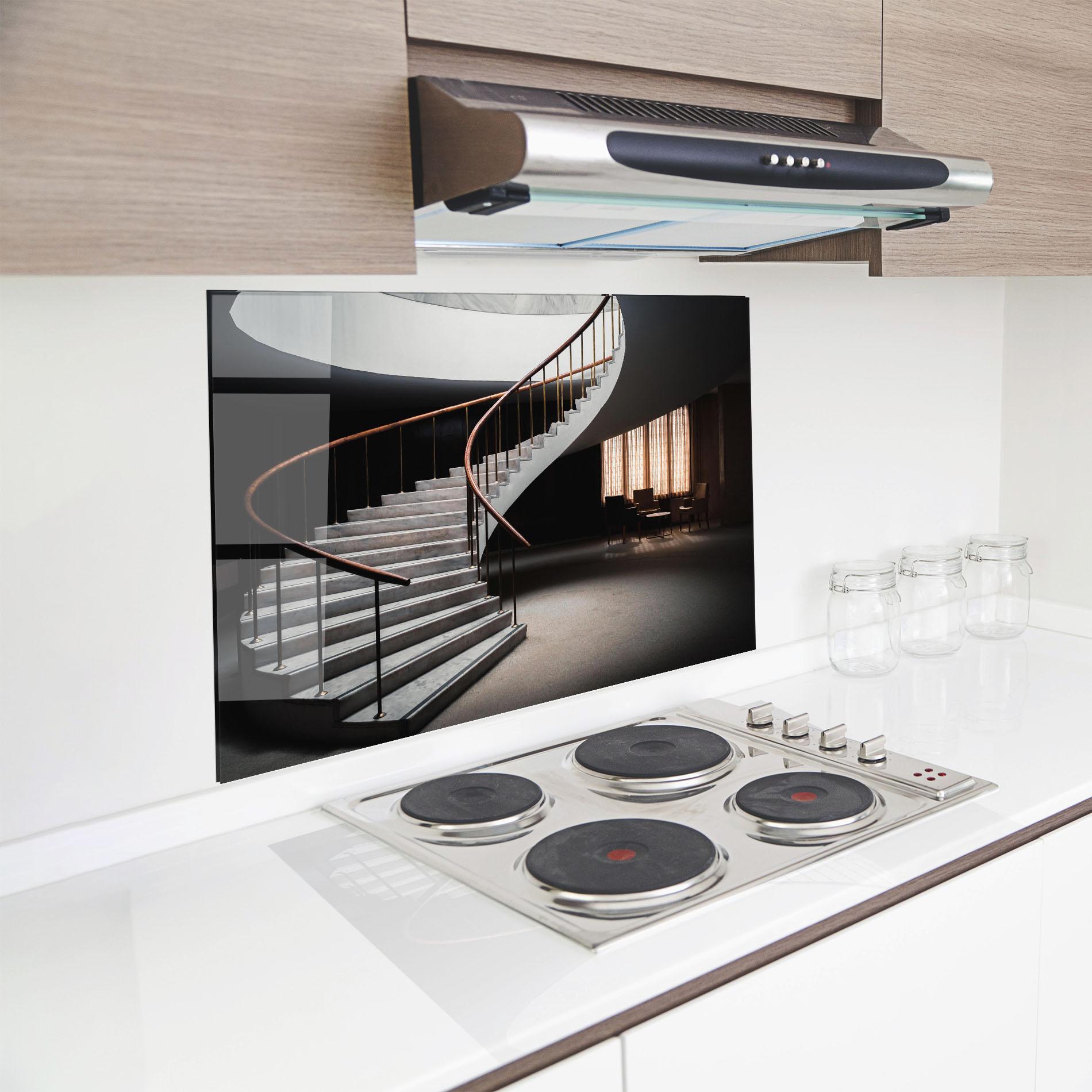 Küchenrückwand Glas Dark Room Stairs mockup 8