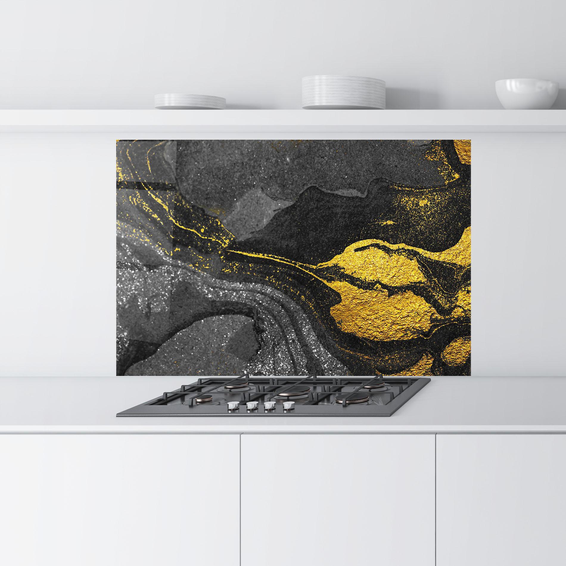 Küchenrückwand Glas Black And Gold Texture mockup 9