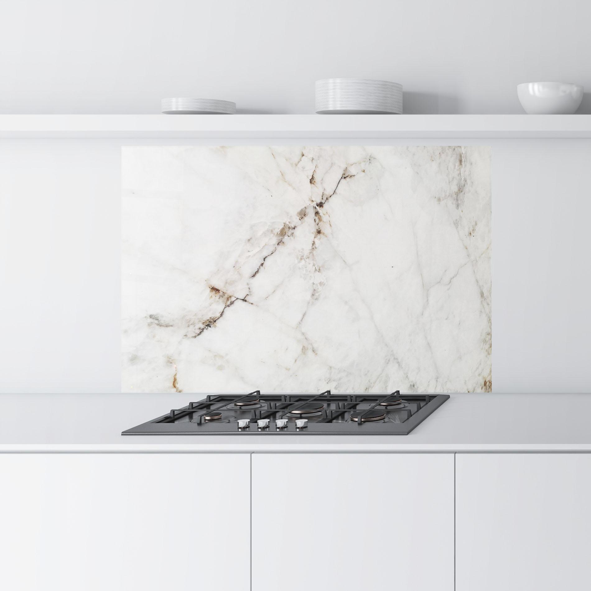Küchenrückwand Glas Close Up White Marble mockup 9