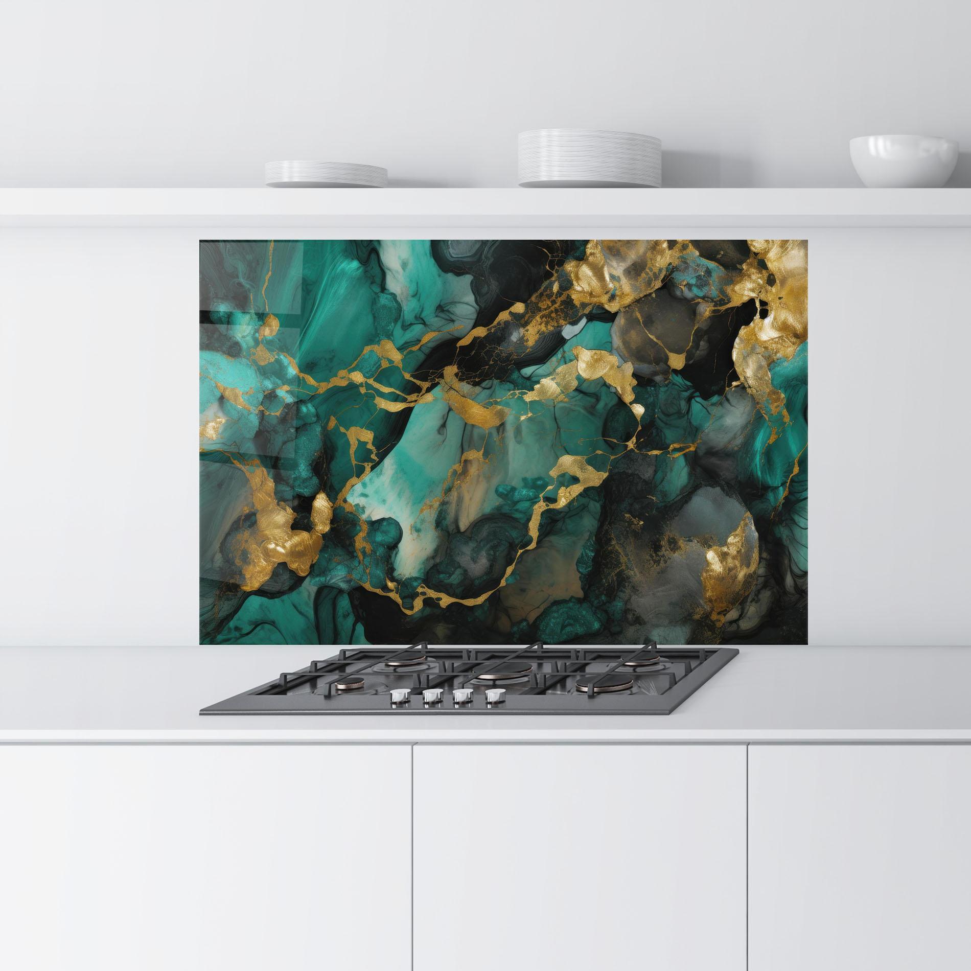 Küchenrückwand Glas Dark Green Golden Marble mockup 9