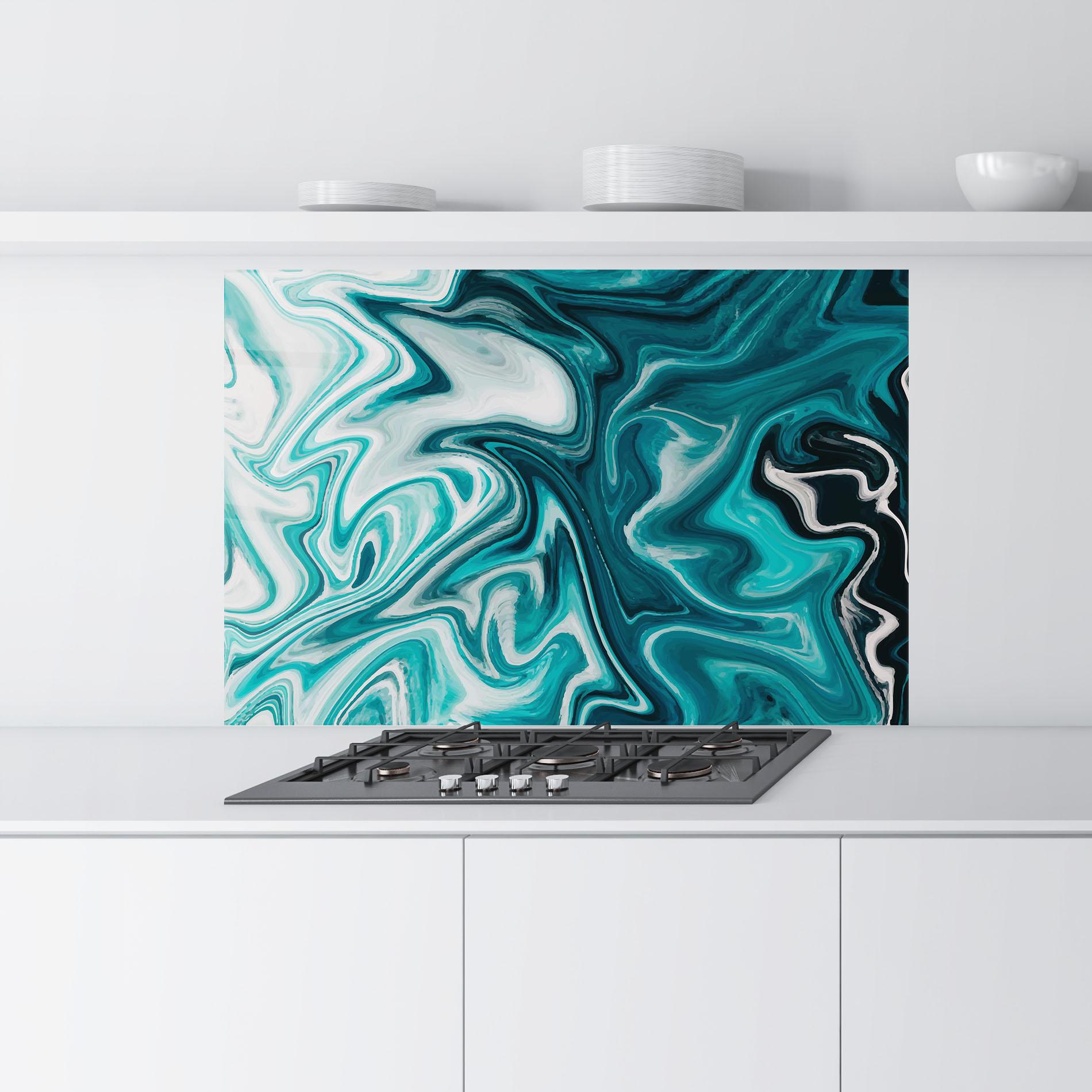 Küchenrückwand Glas White Blue Liquid Marble mockup 9