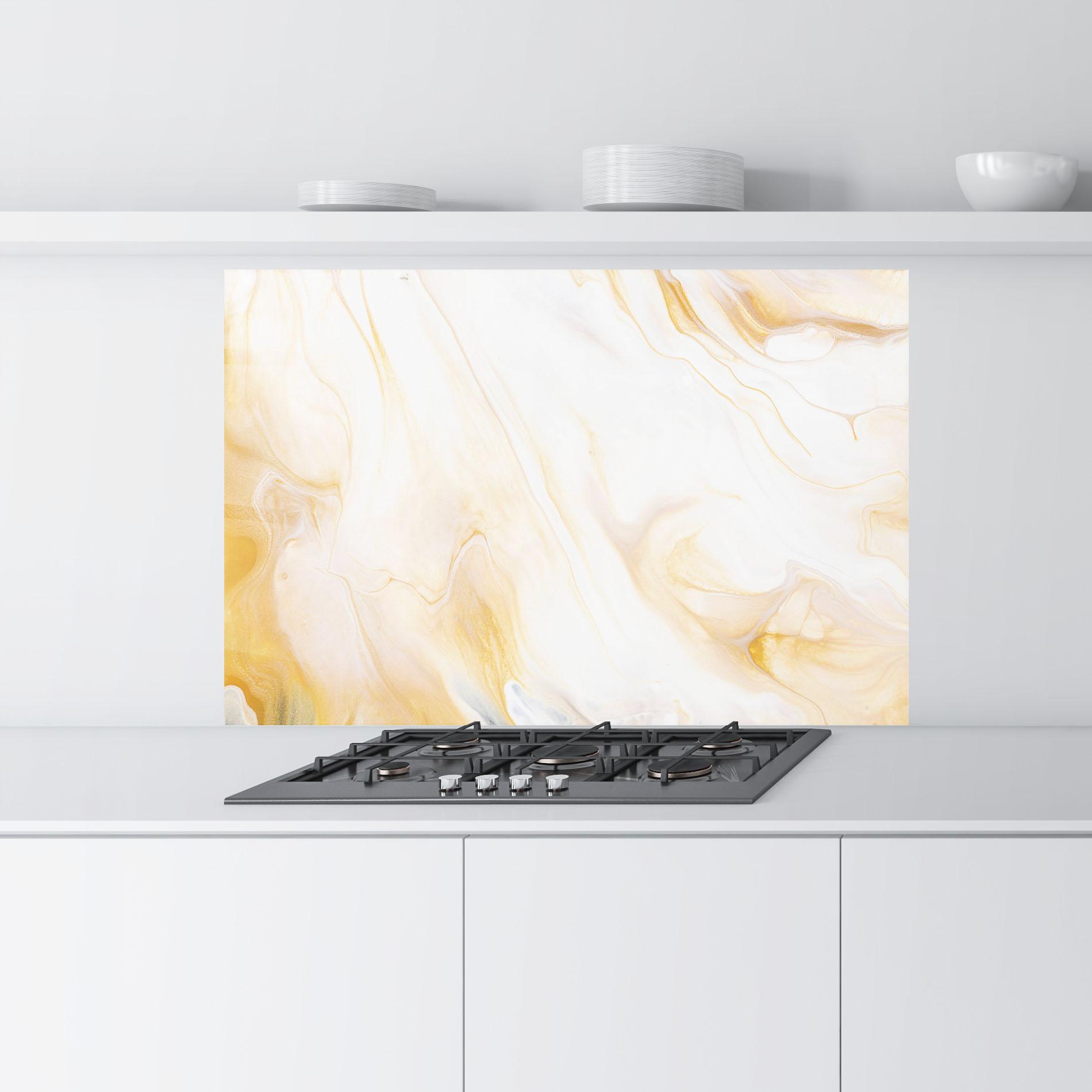 Küchenrückwand Glas White Yellow Marble mockup 9