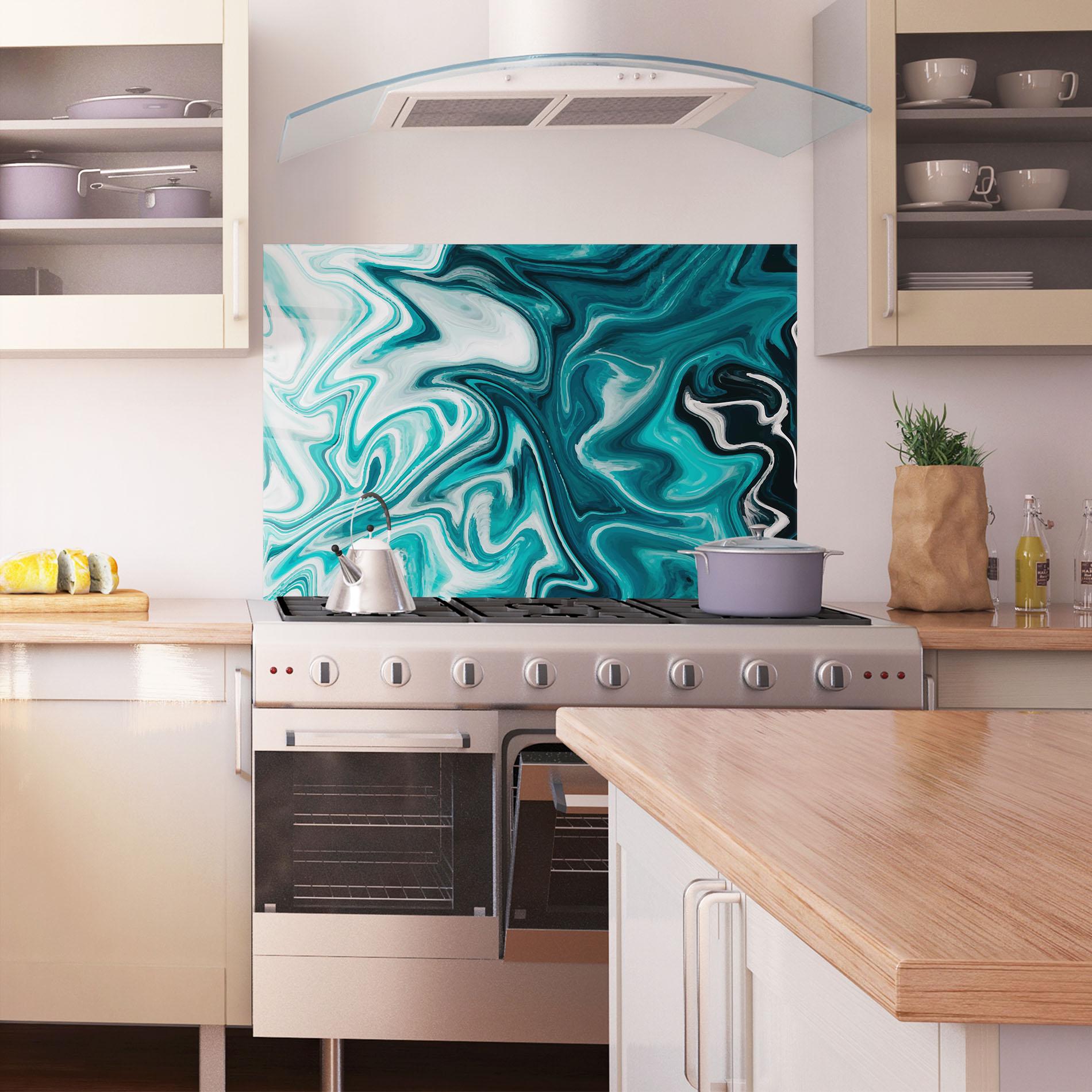 Küchenrückwand Glas White Blue Liquid Marble mockup 1