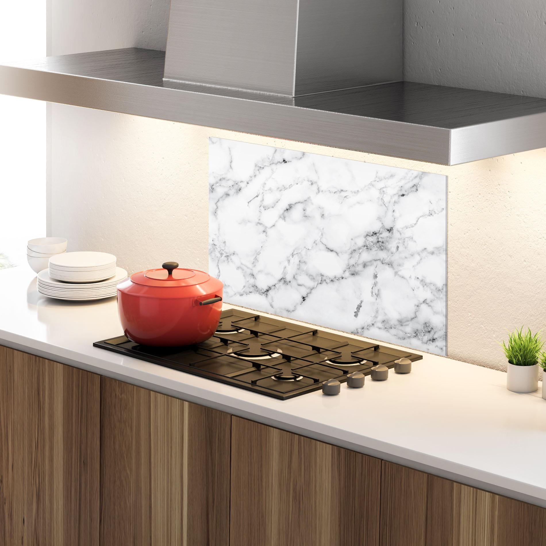 Küchenrückwand Glas Basic White Marble mockup 4