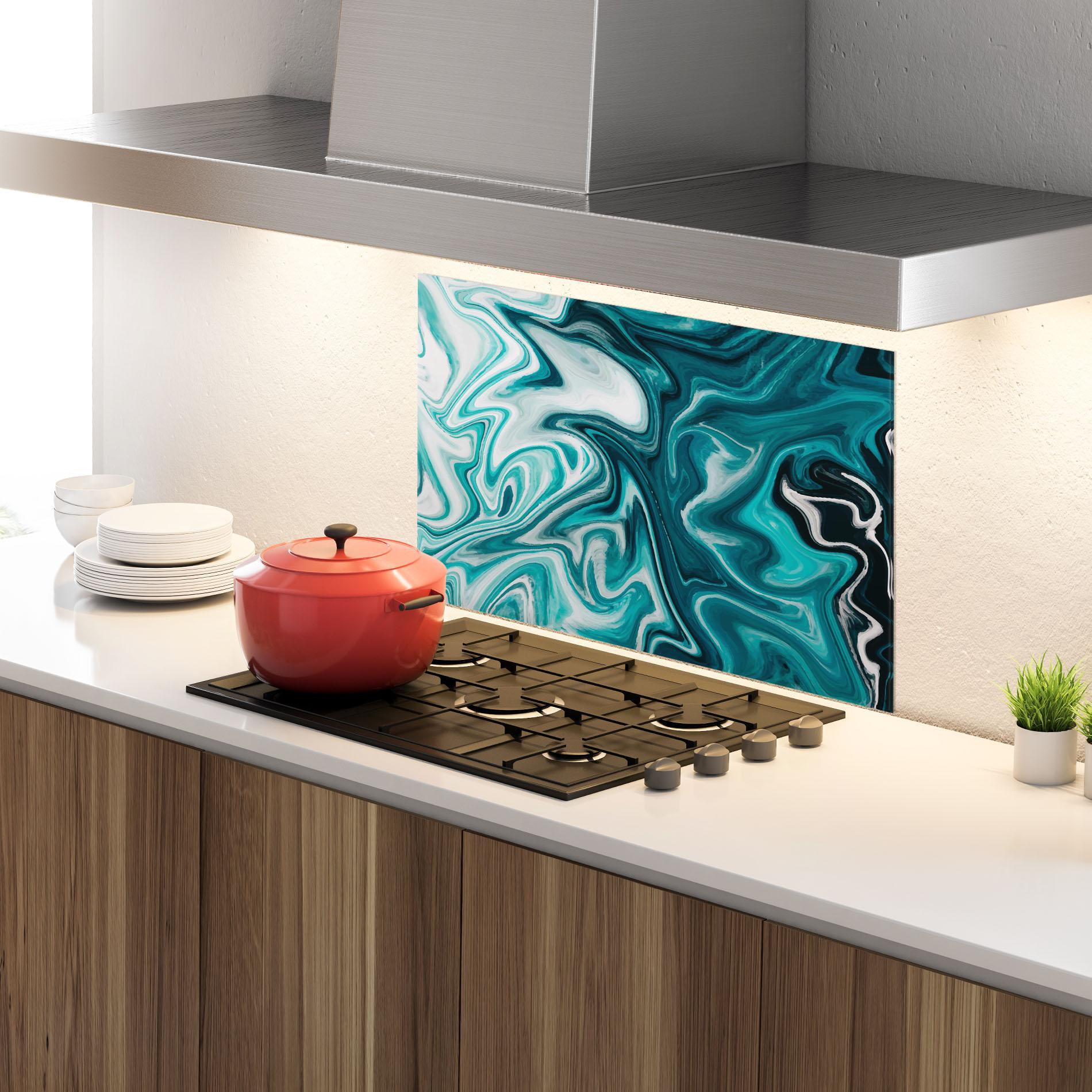 Küchenrückwand Glas White Blue Liquid Marble mockup 4