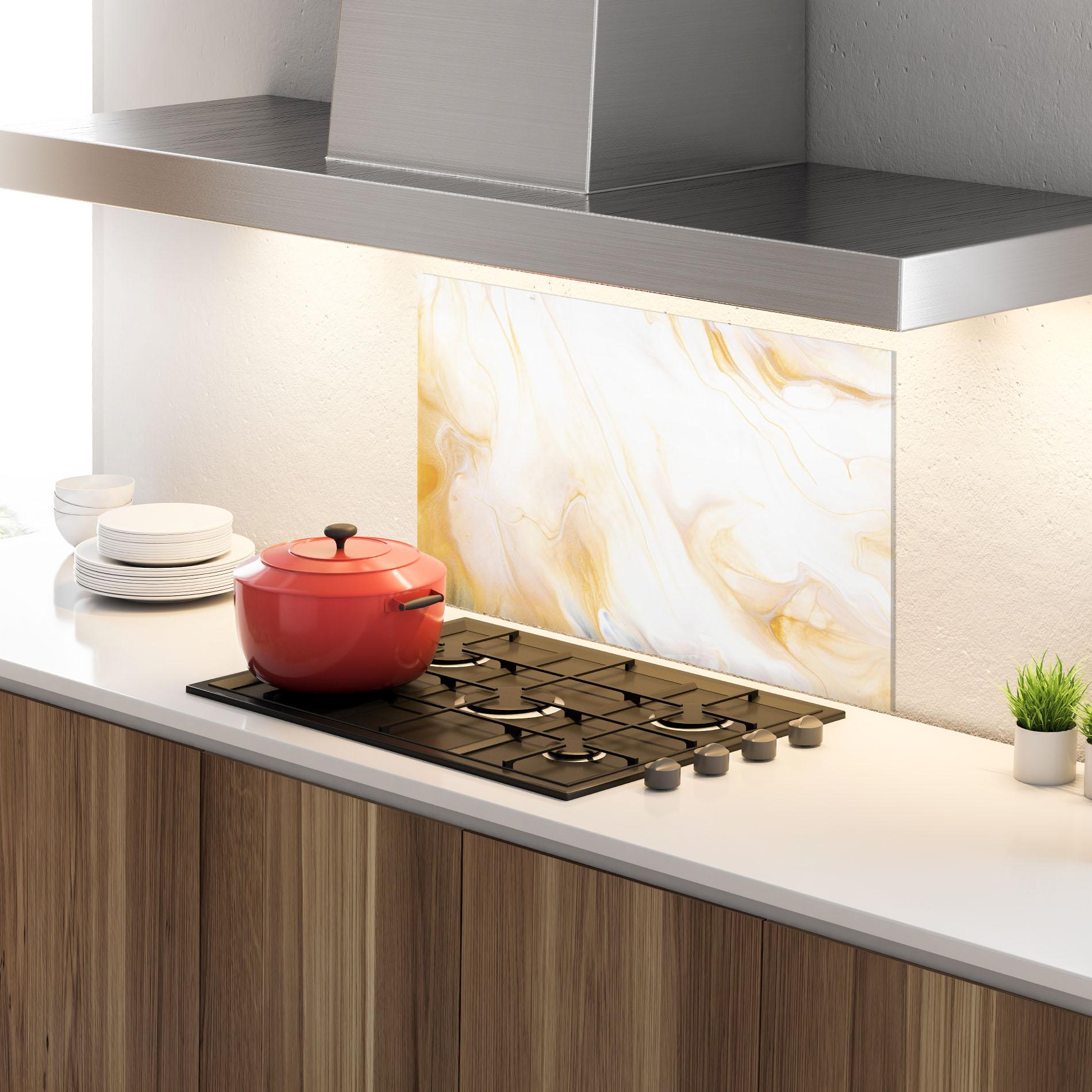 Küchenrückwand Glas White Yellow Marble mockup 4
