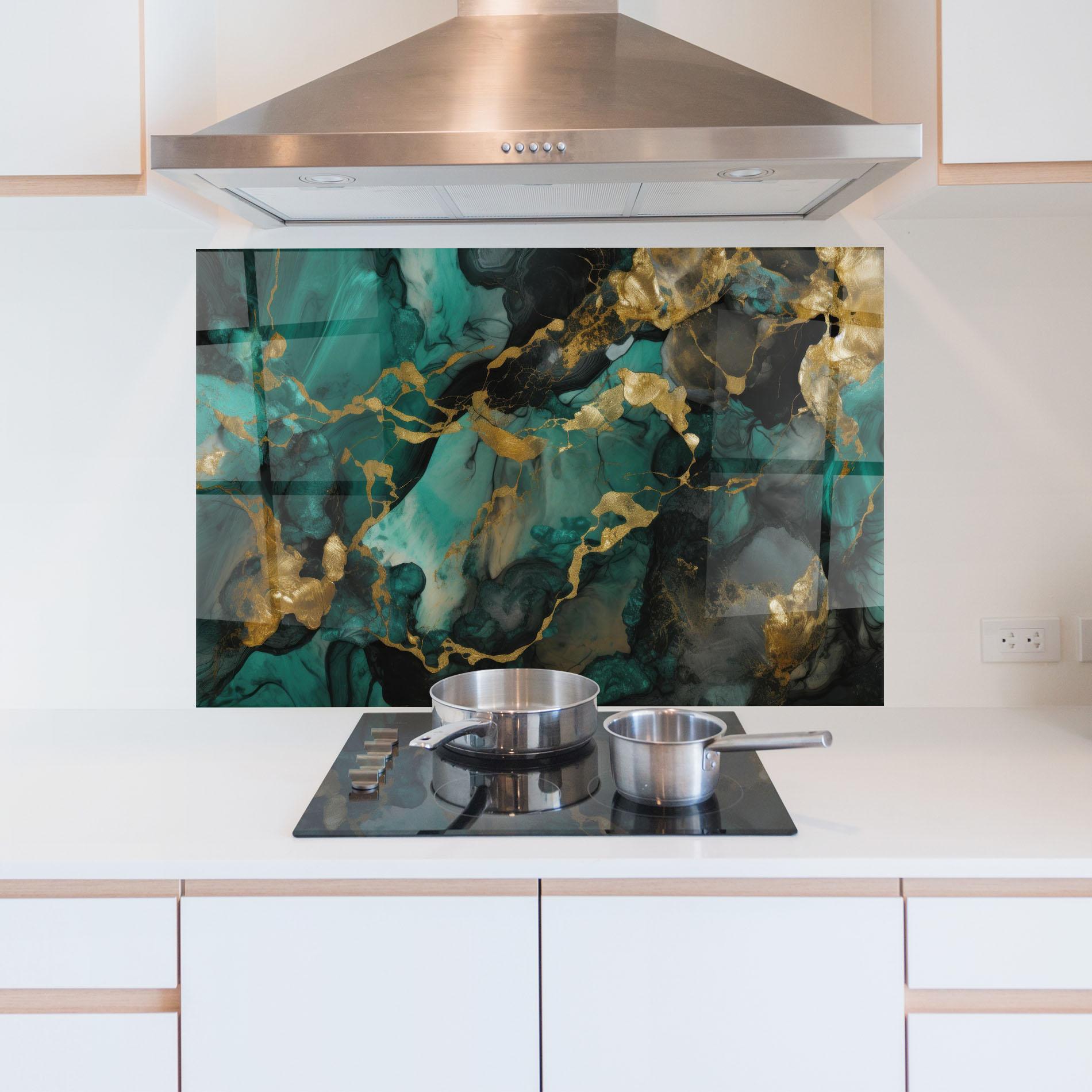 Küchenrückwand Glas Dark Green Golden Marble mockup 5