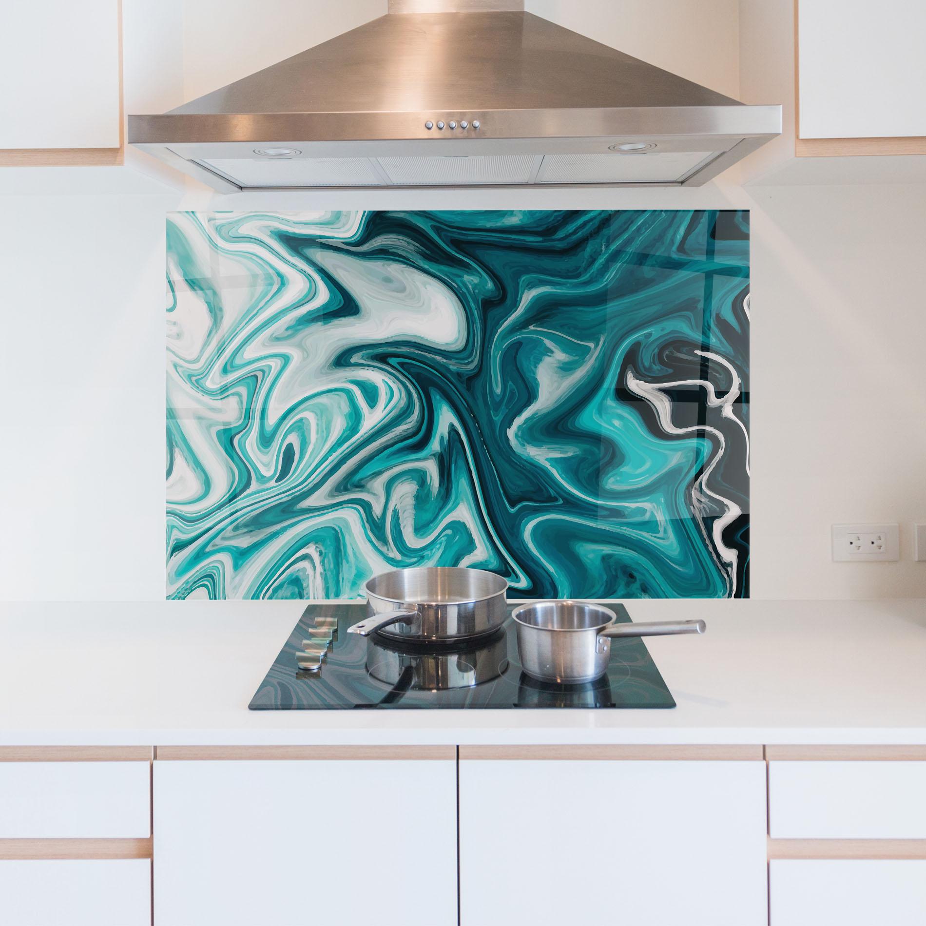 Küchenrückwand Glas White Blue Liquid Marble mockup 5