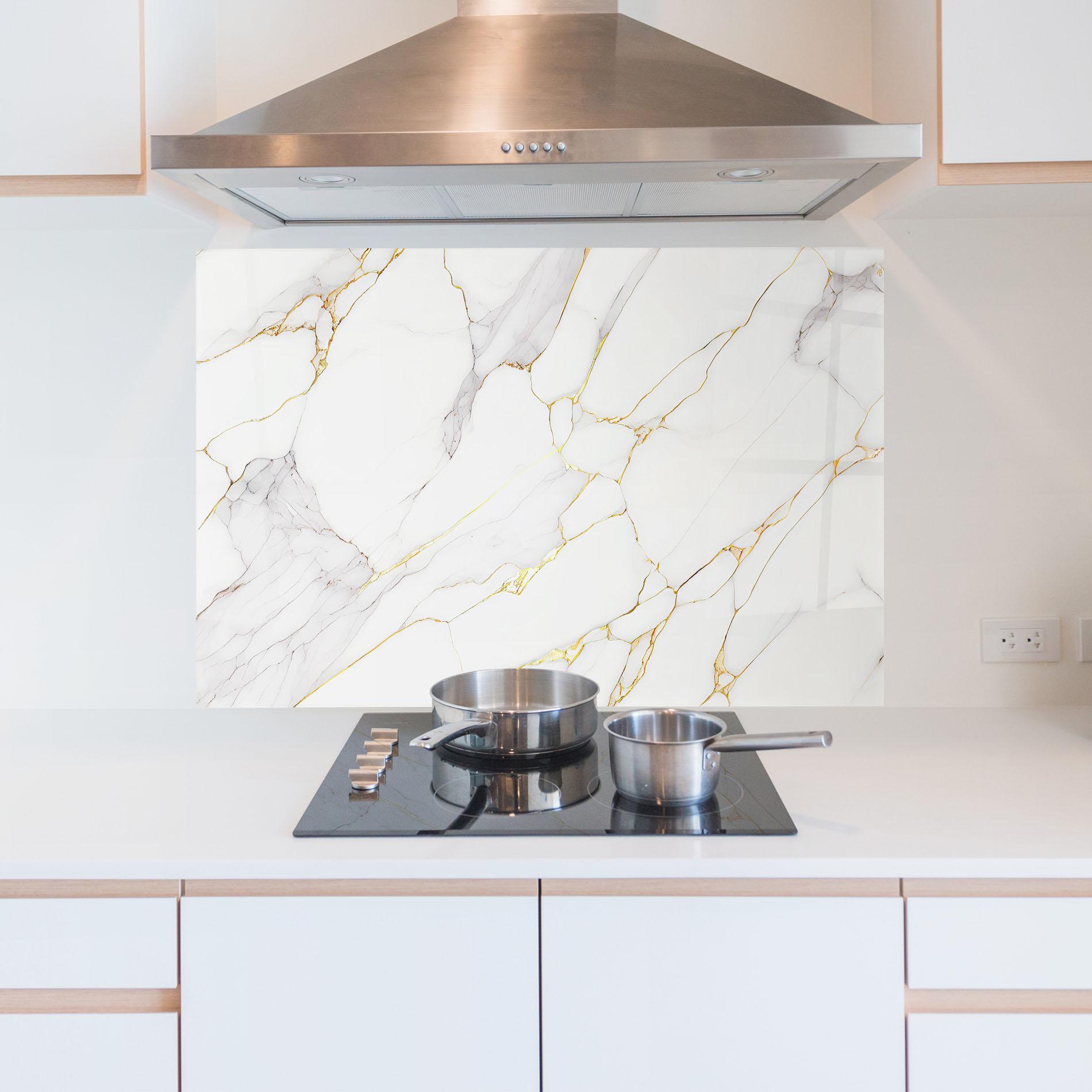 Küchenrückwand Glas White Grey Golden Lines mockup 5