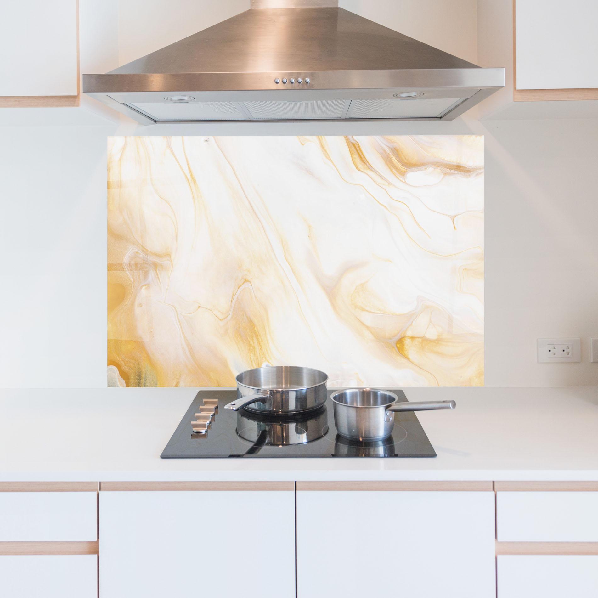 Küchenrückwand Glas White Yellow Marble mockup 5