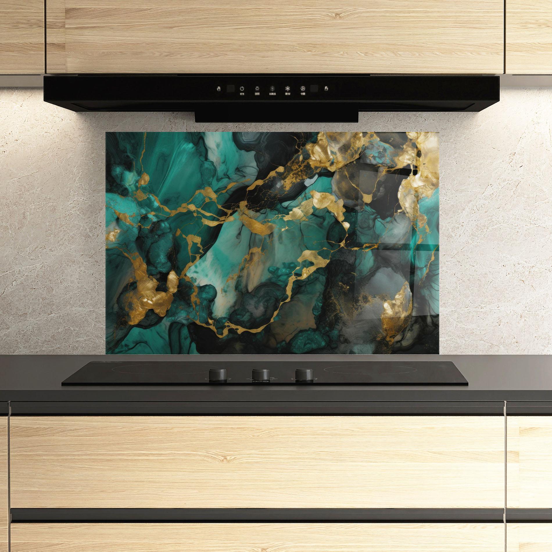 Küchenrückwand Glas Dark Green Golden Marble mockup 3