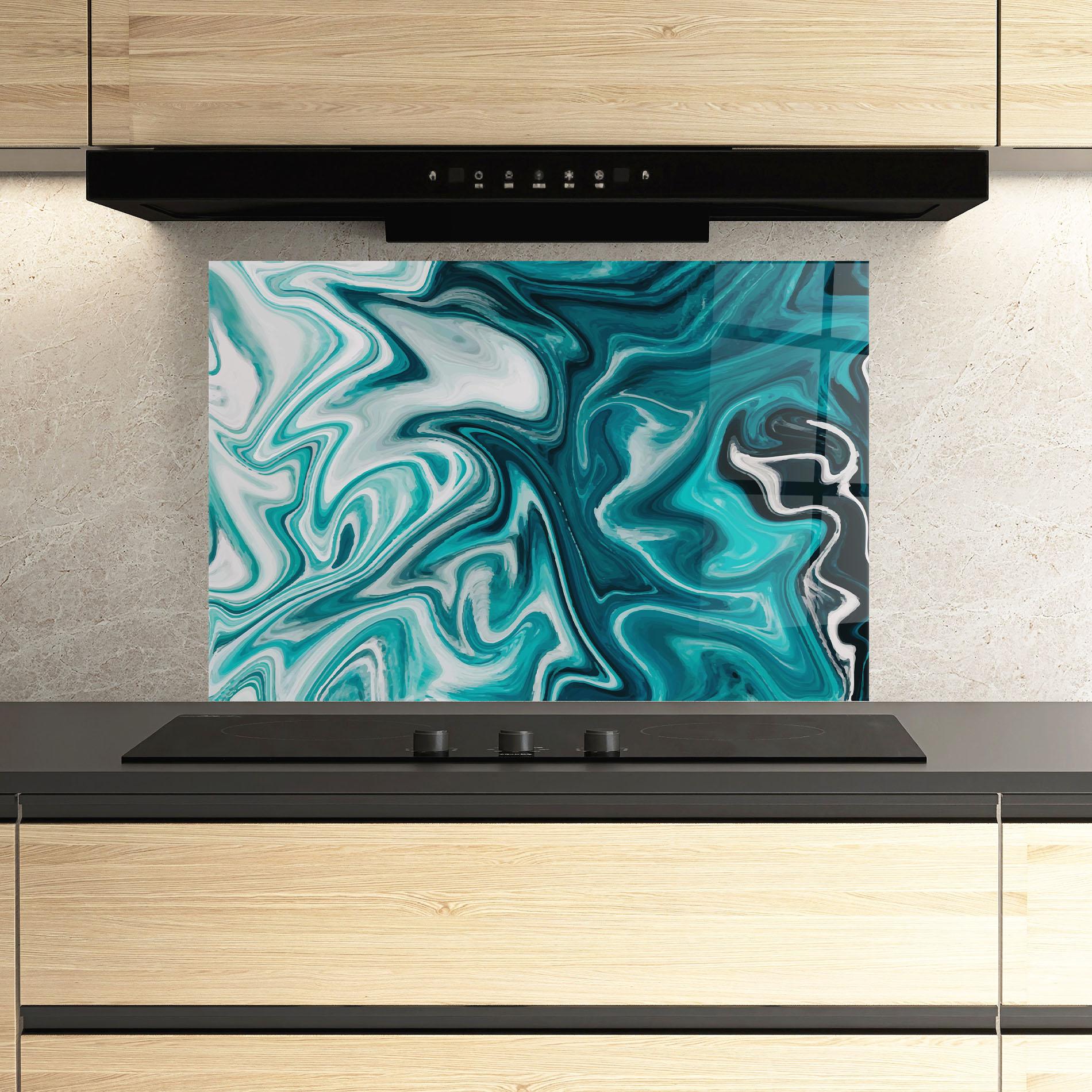 Küchenrückwand Glas White Blue Liquid Marble mockup 3