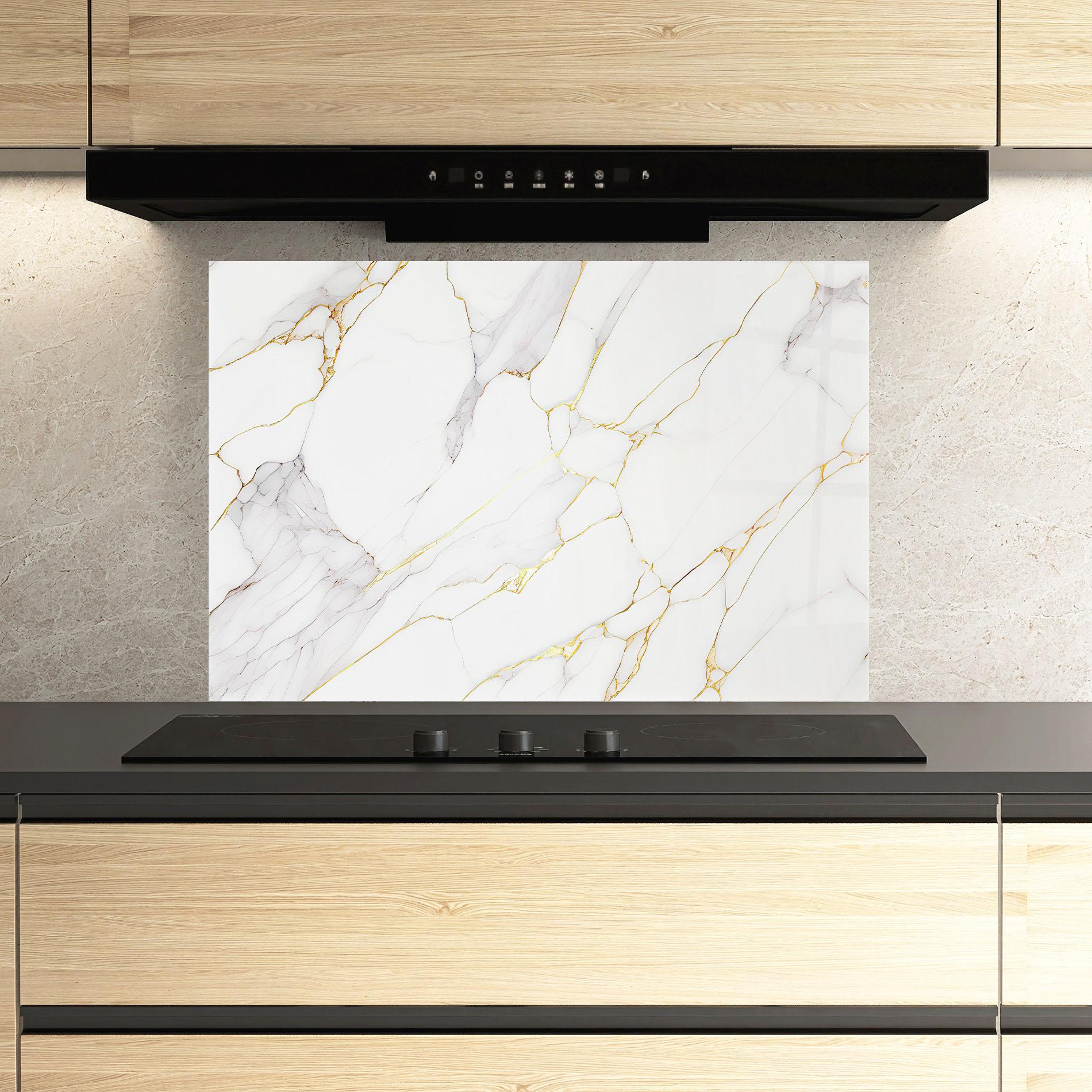 Küchenrückwand Glas White Grey Golden Lines mockup 3