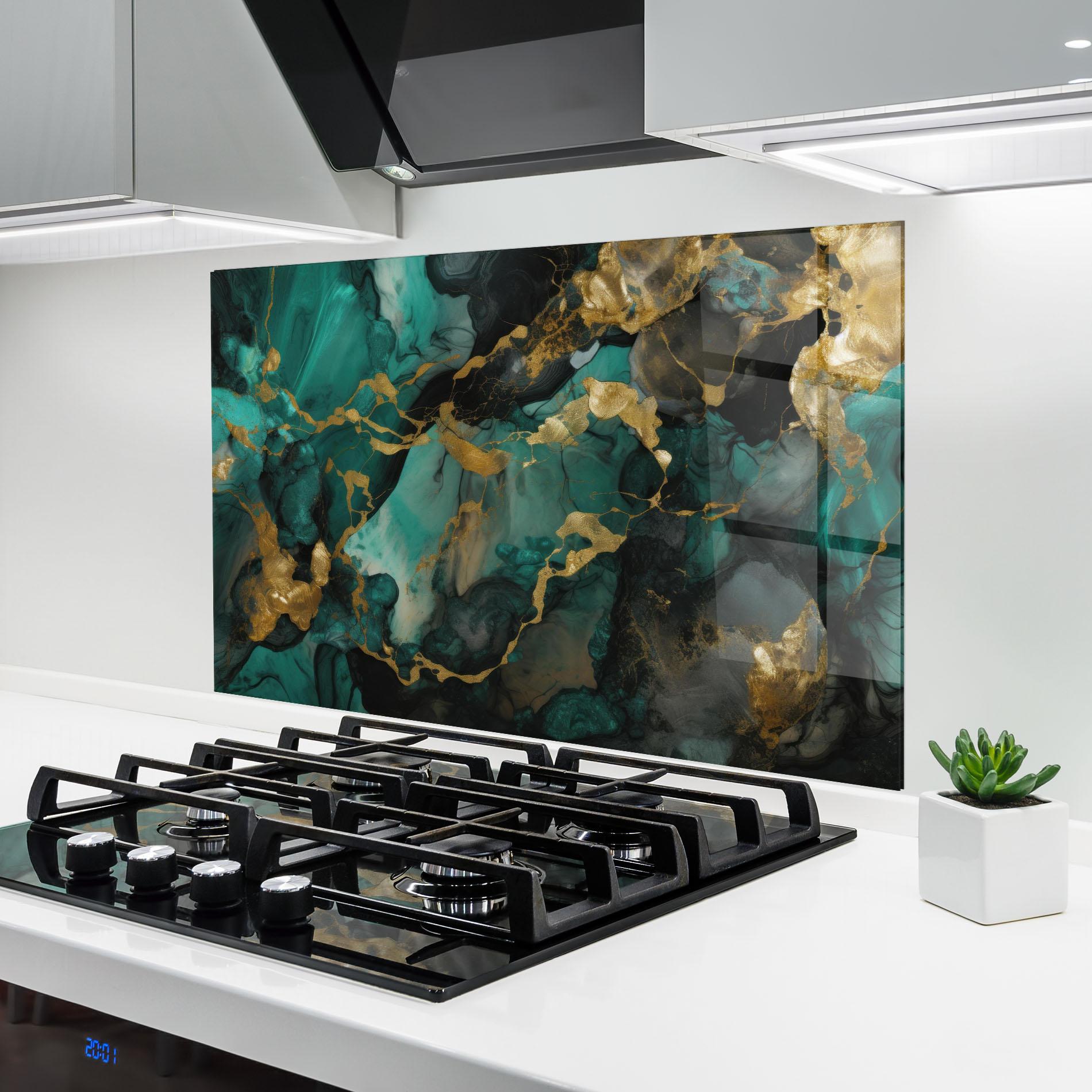Küchenrückwand Glas Dark Green Golden Marble mockup 6