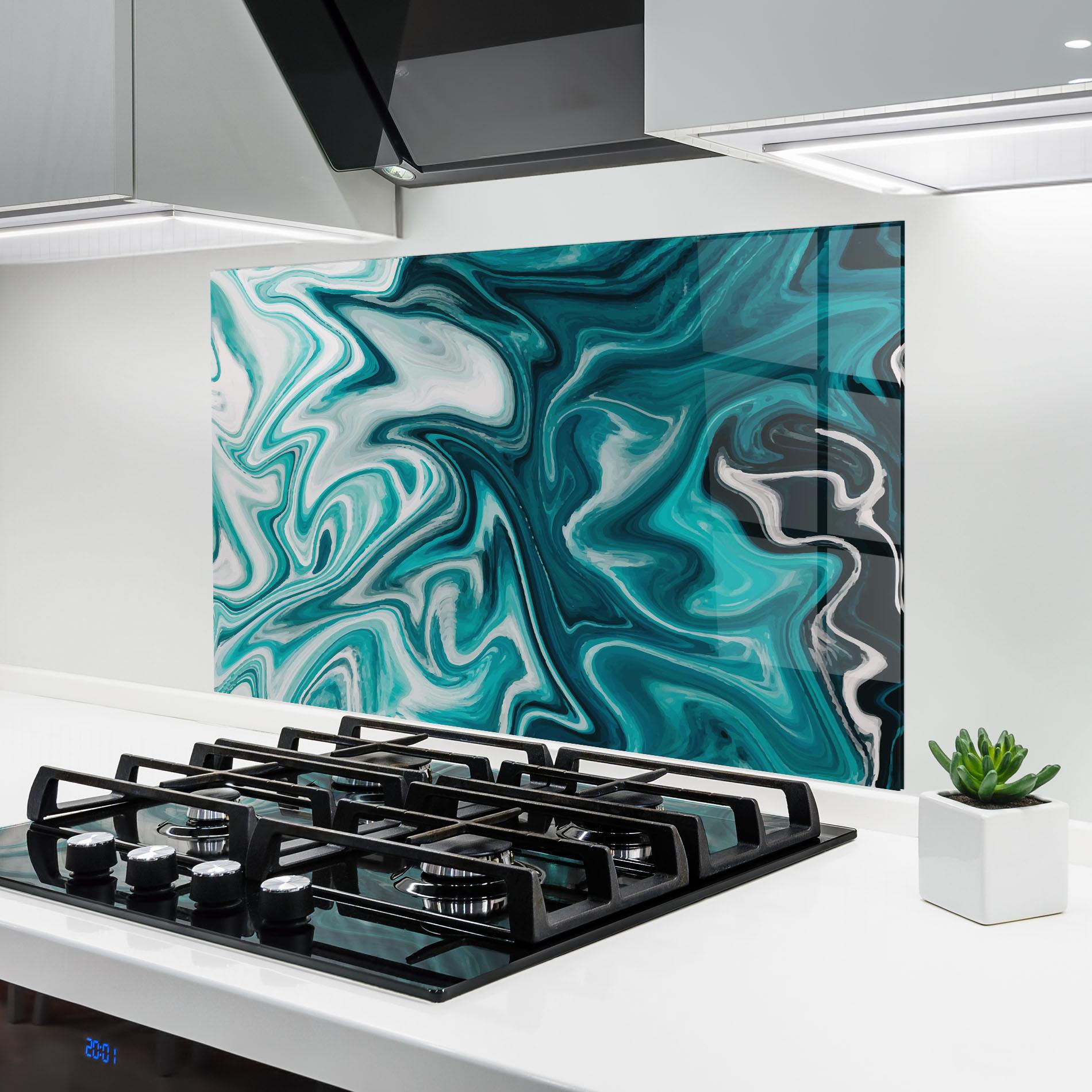 Küchenrückwand Glas White Blue Liquid Marble mockup 6