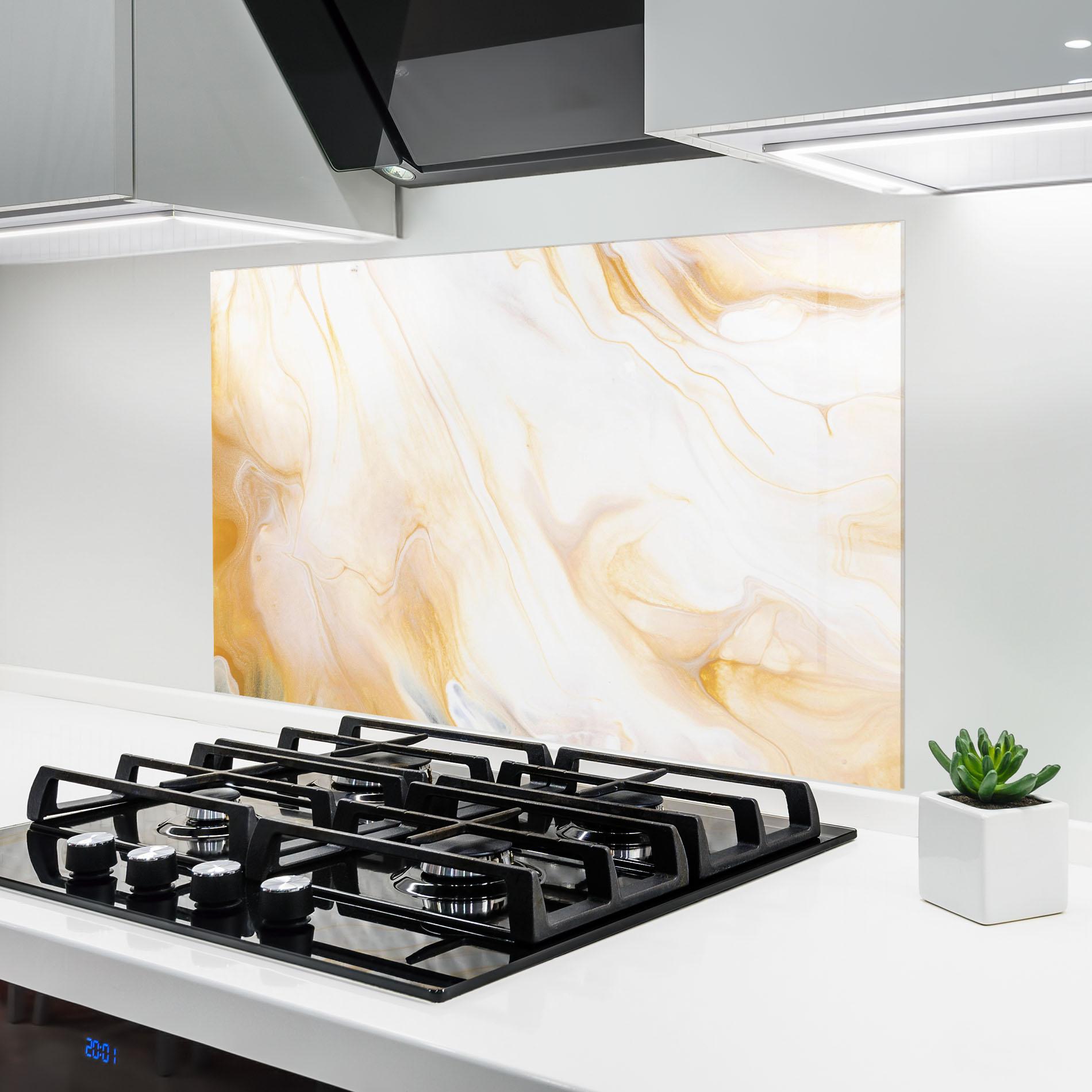 Küchenrückwand Glas White Yellow Marble mockup 6