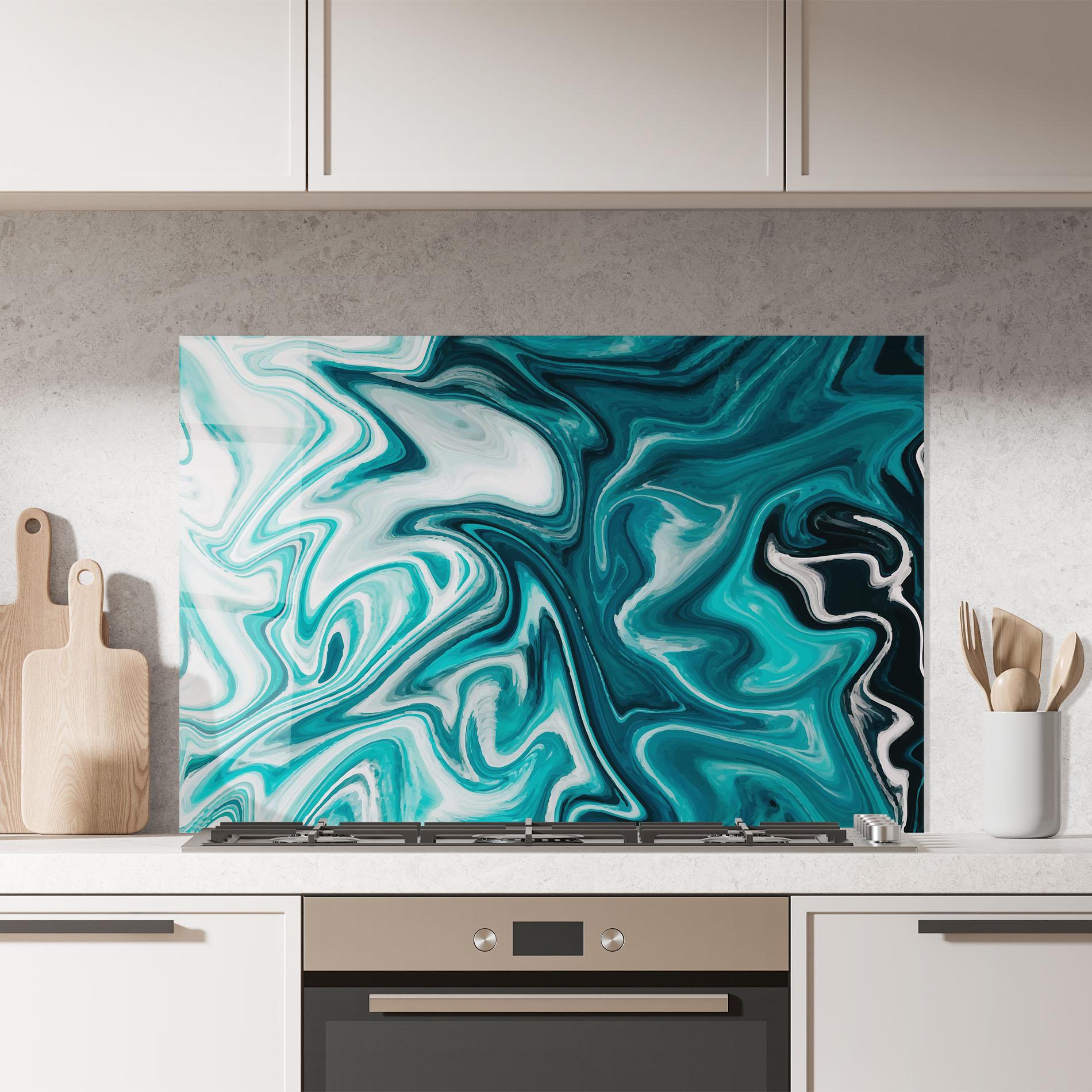 Küchenrückwand Glas White Blue Liquid Marble mockup 7