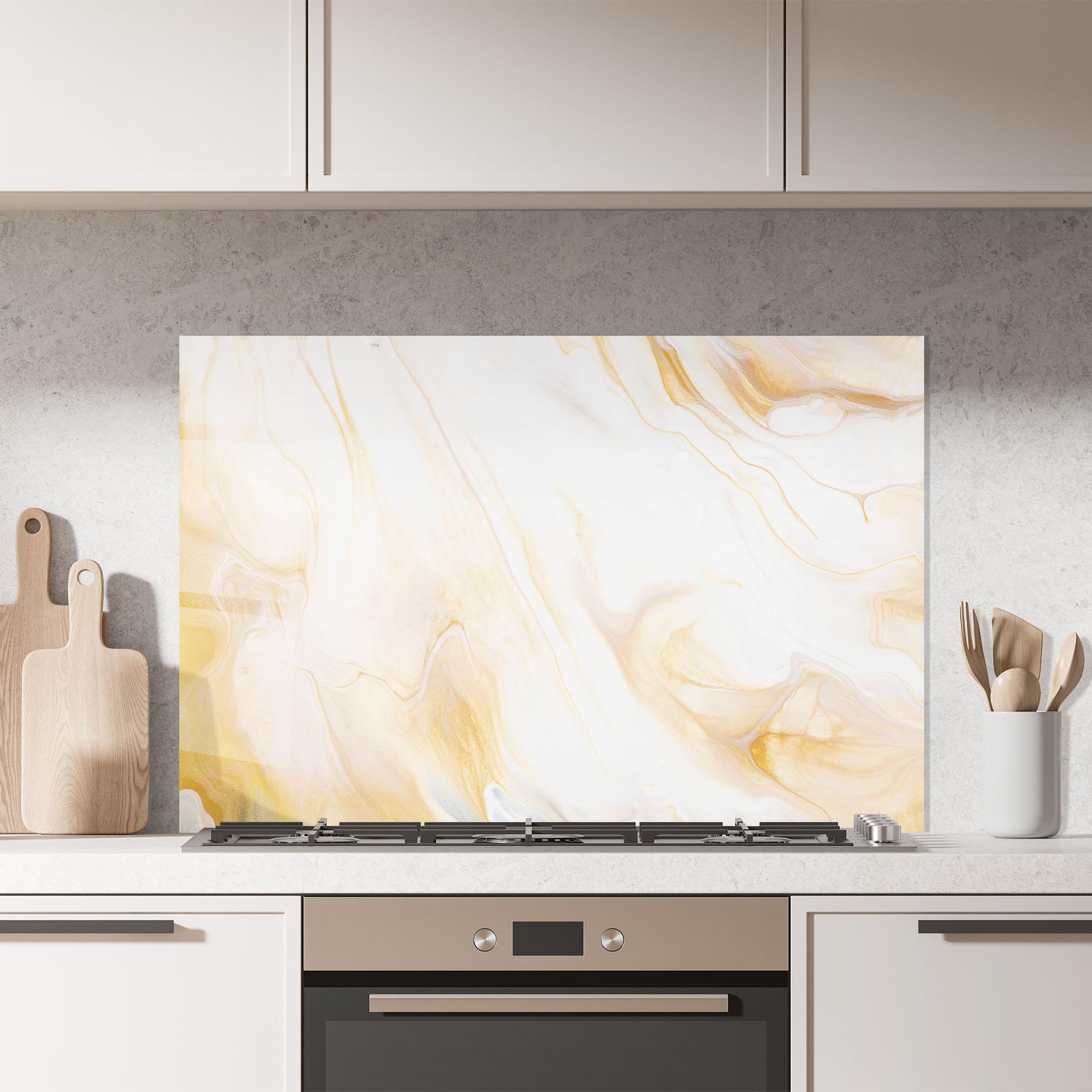 Küchenrückwand Glas White Yellow Marble mockup 7