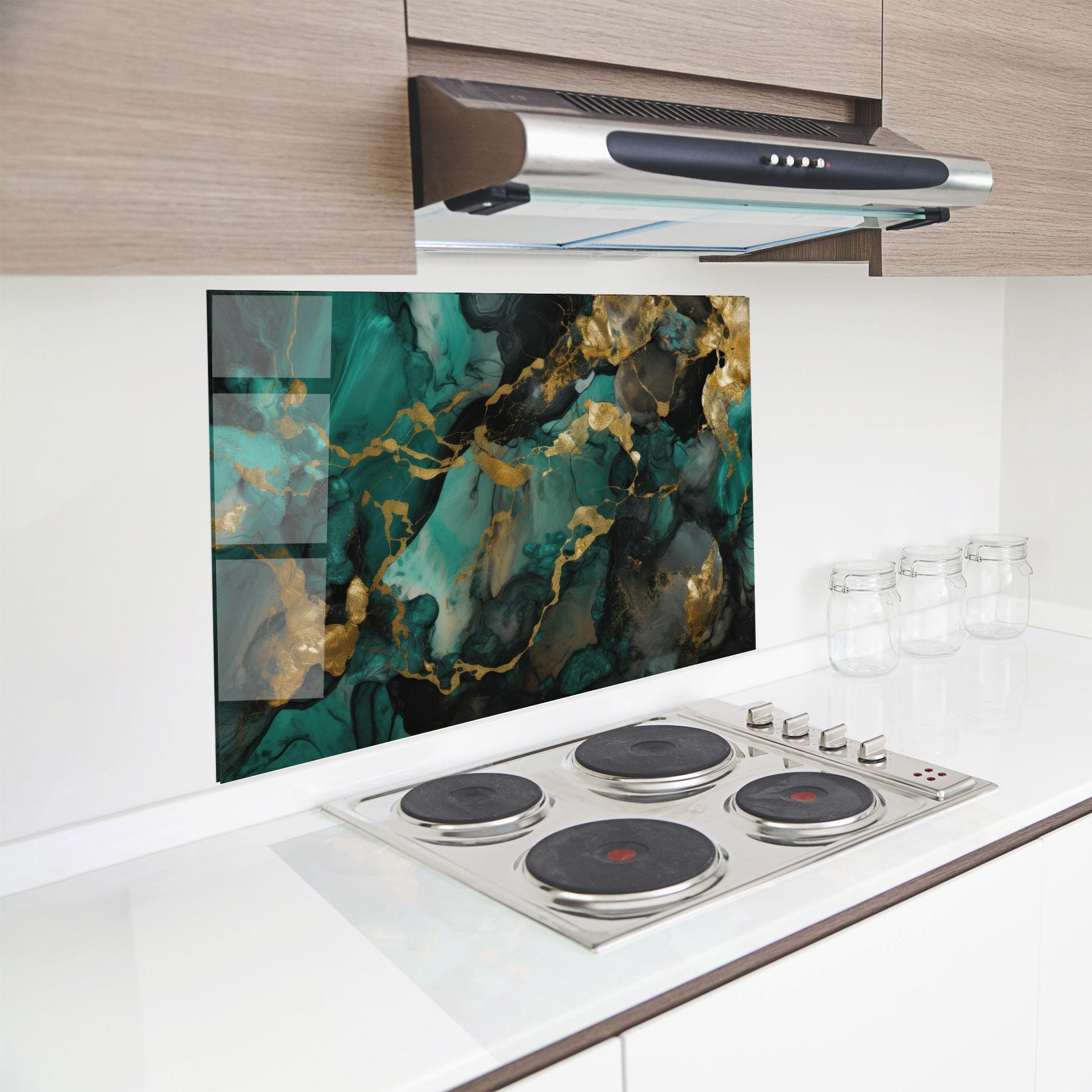 Küchenrückwand Glas Dark Green Golden Marble mockup 8