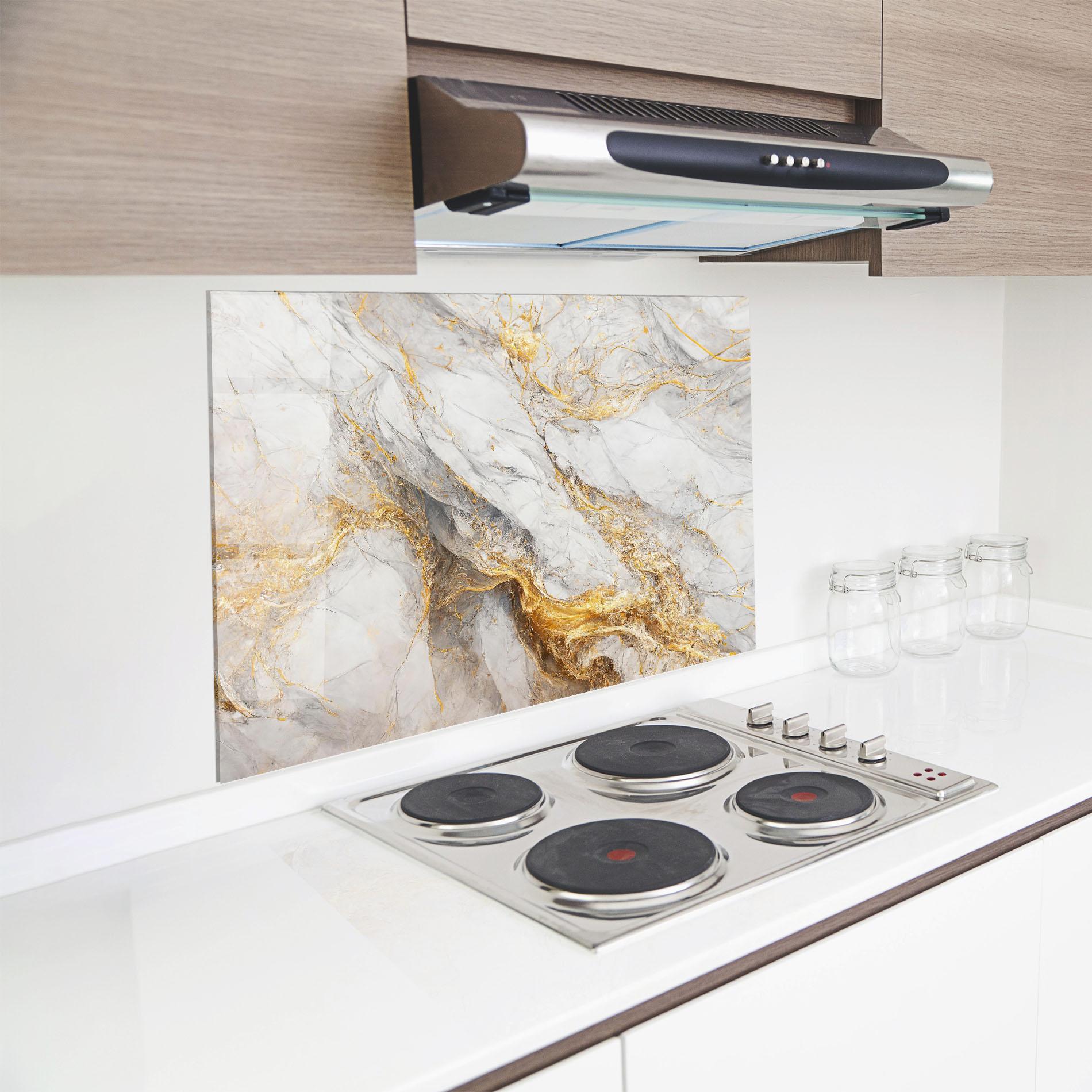 Küchenrückwand Glas Gold Liquid Grey Marble mockup 8