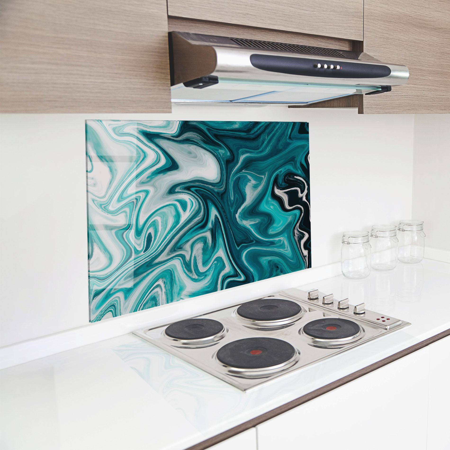 Küchenrückwand Glas White Blue Liquid Marble mockup 8