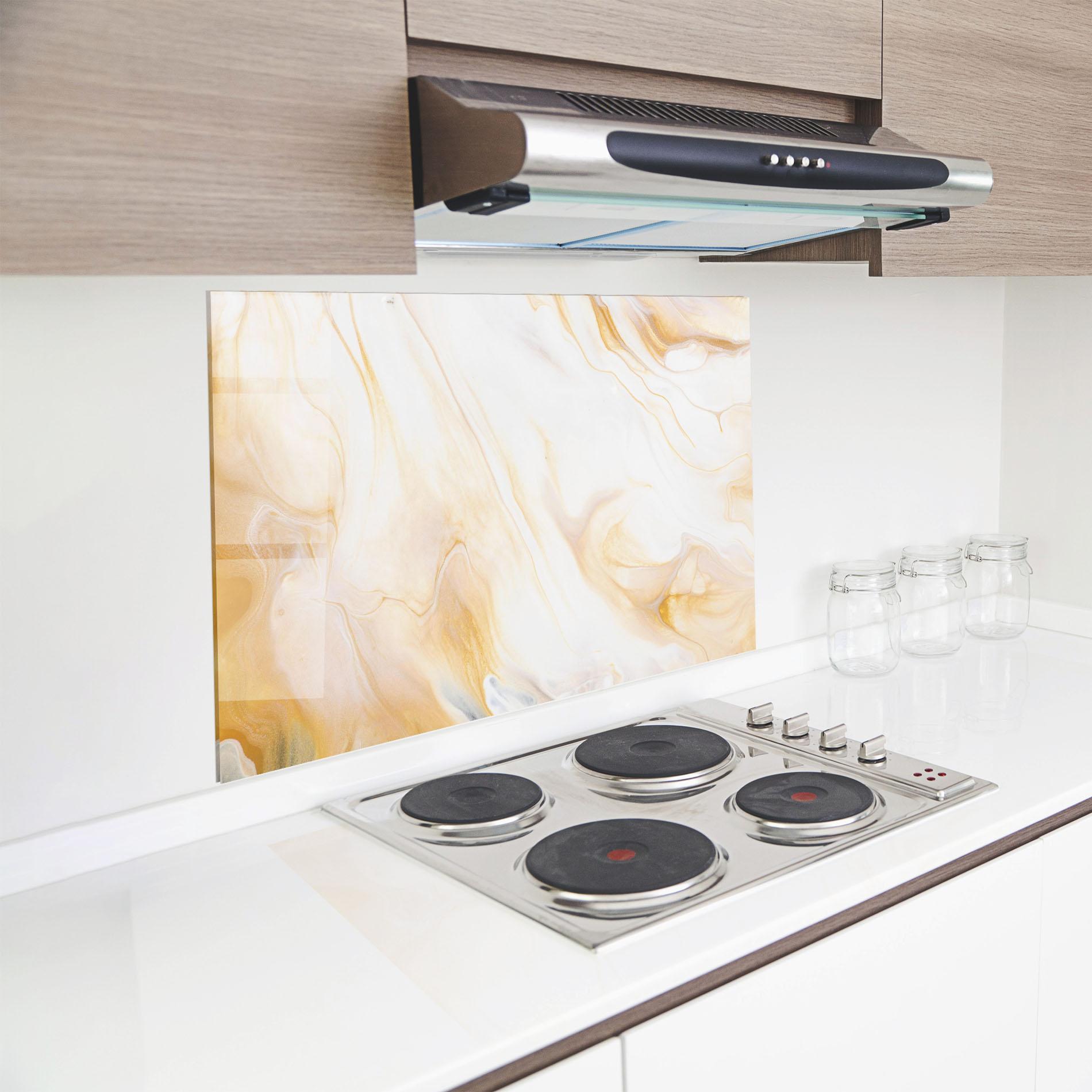 Küchenrückwand Glas White Yellow Marble mockup 8