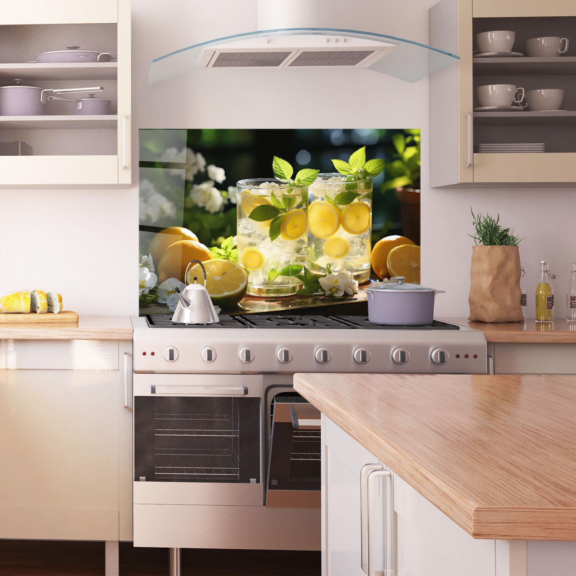 Küchenrückwand Glas White Flowers Lemonade mockup 1