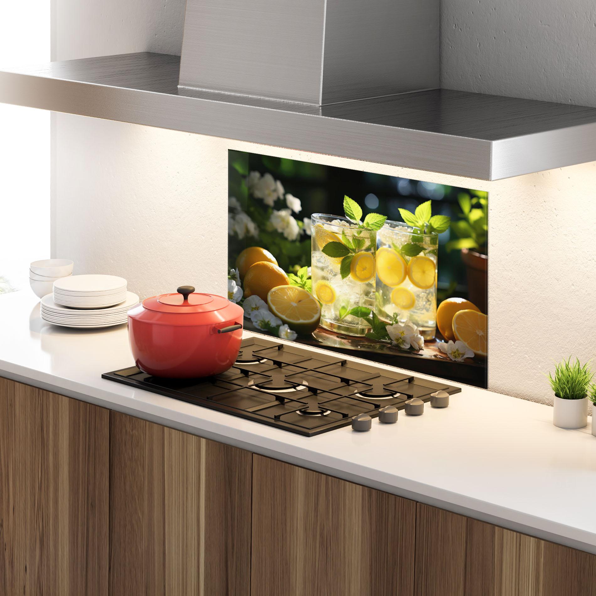 Küchenrückwand Glas White Flowers Lemonade mockup 4