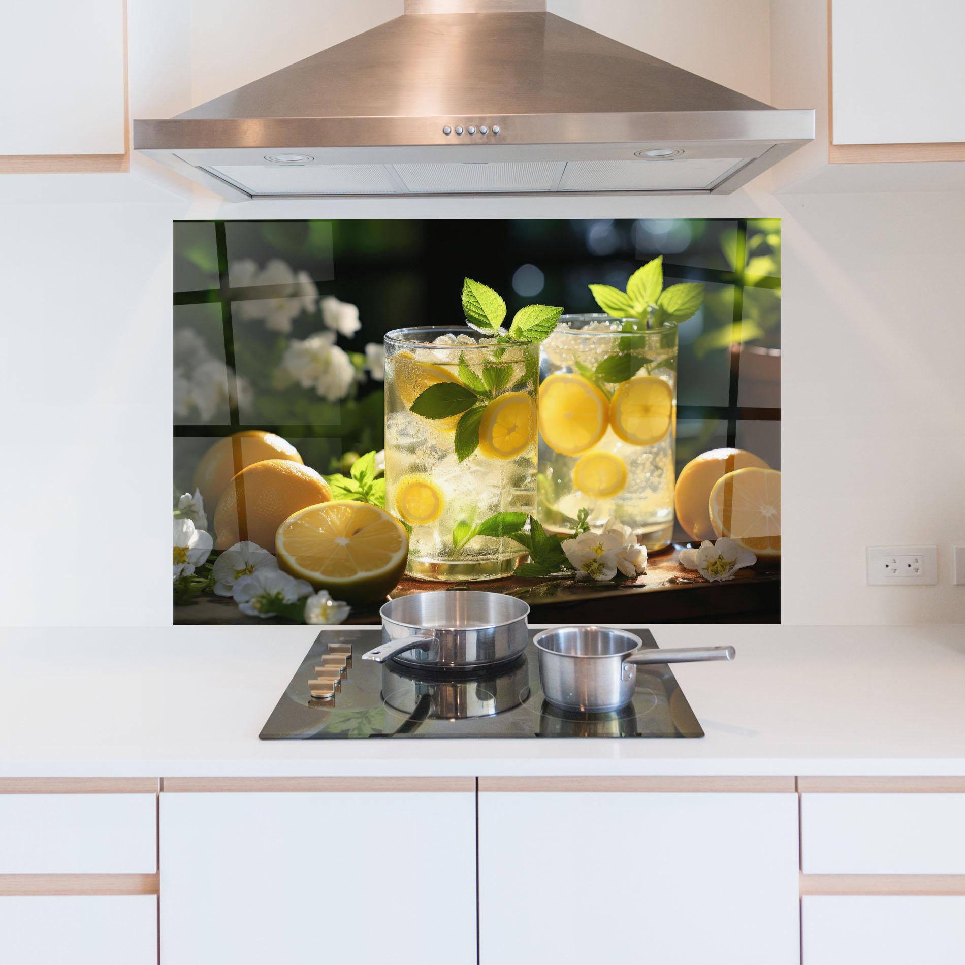 Küchenrückwand Glas White Flowers Lemonade mockup 5