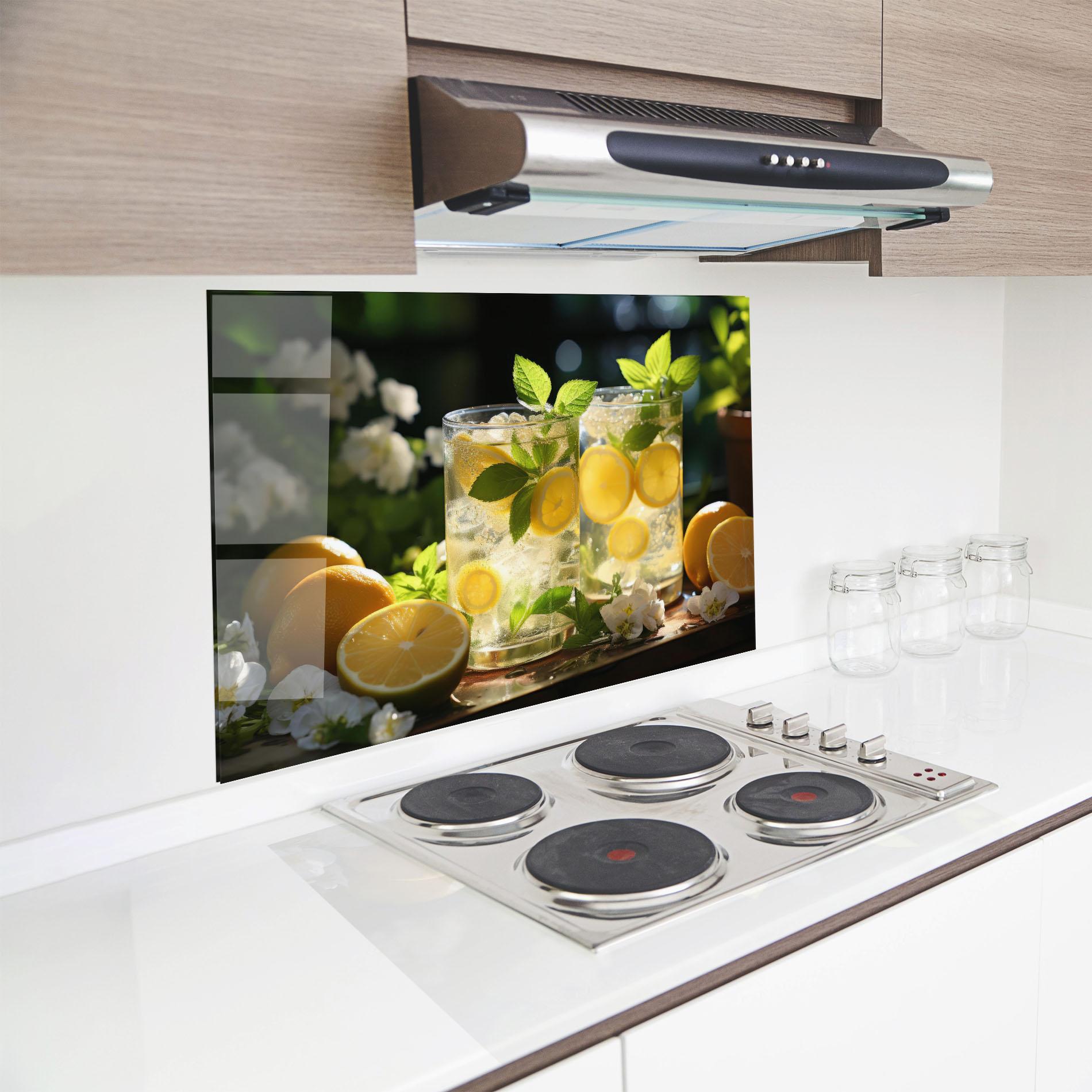 Küchenrückwand Glas White Flowers Lemonade mockup 8