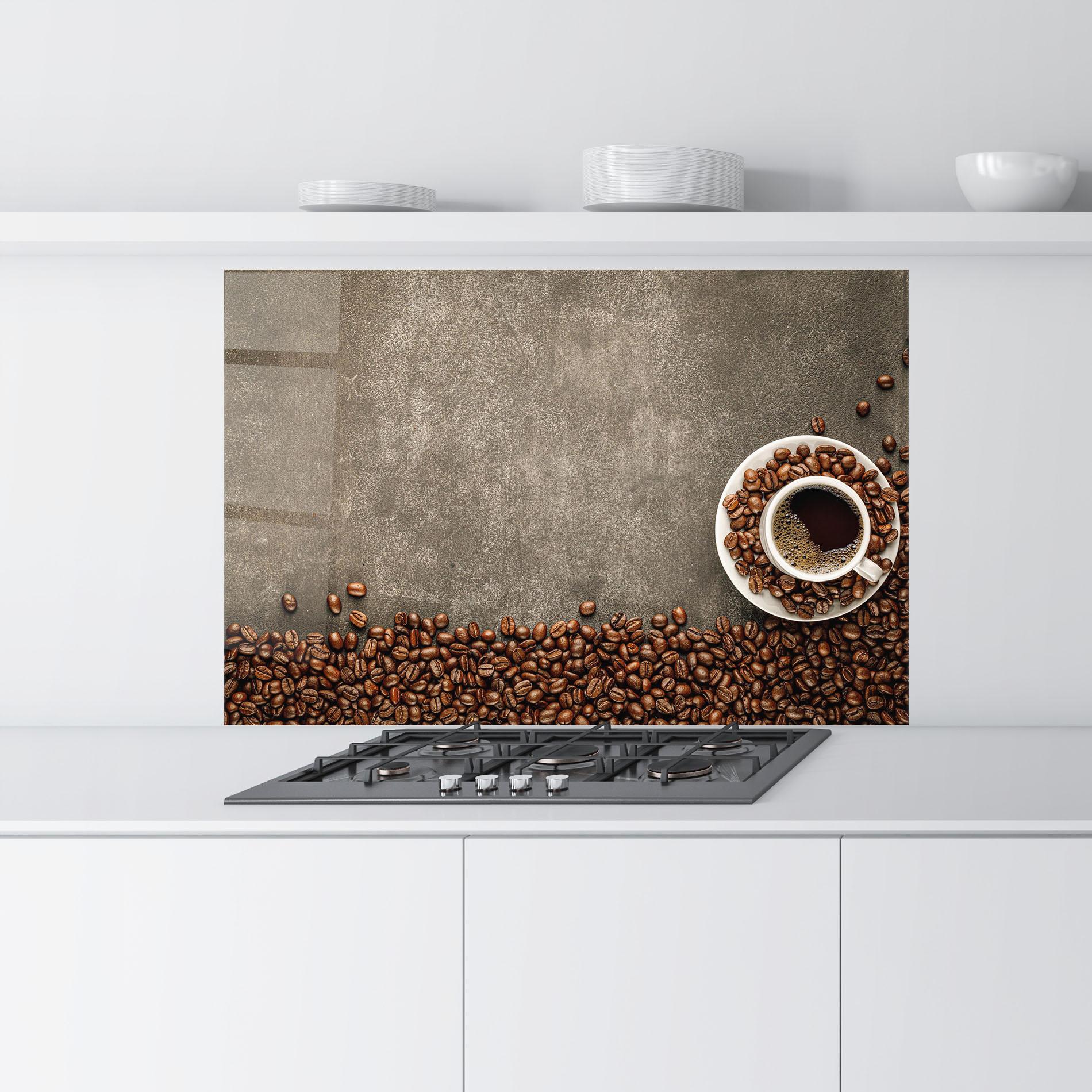 Küchenrückwand Glas Coffee On Grey Table mockup 9