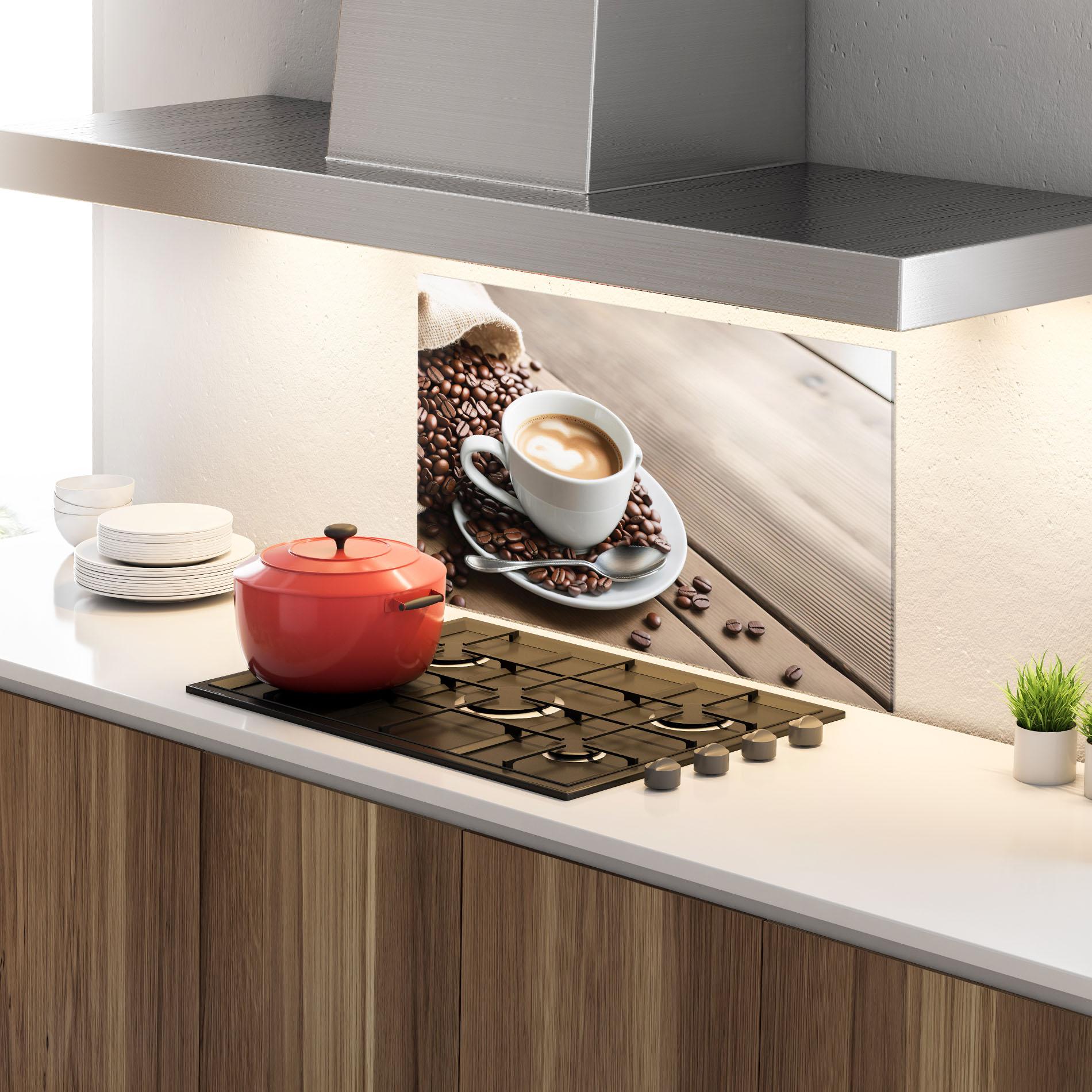 Küchenrückwand Glas Coffee On Table mockup 4