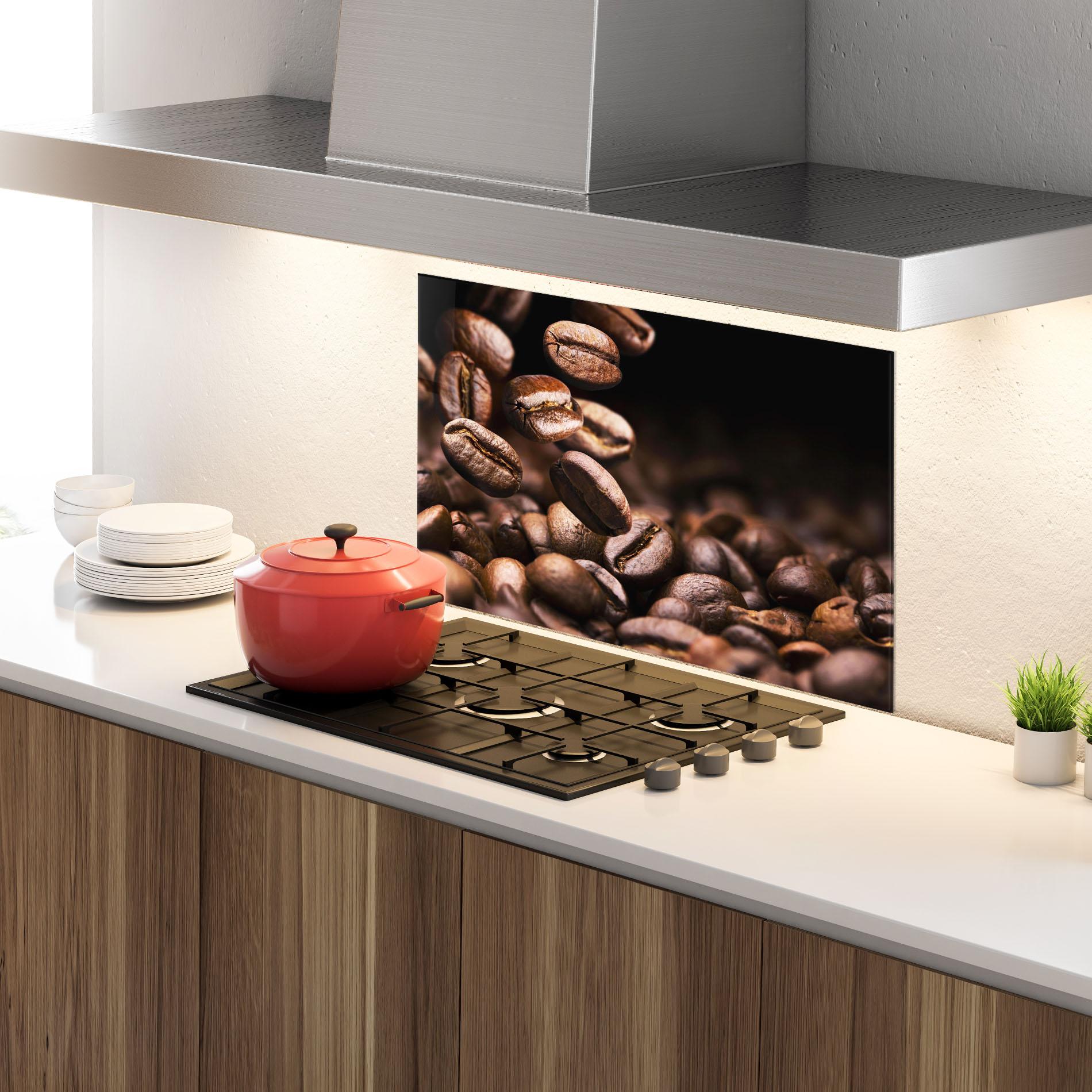 Küchenrückwand Glas Falling Coffee Beans mockup 4