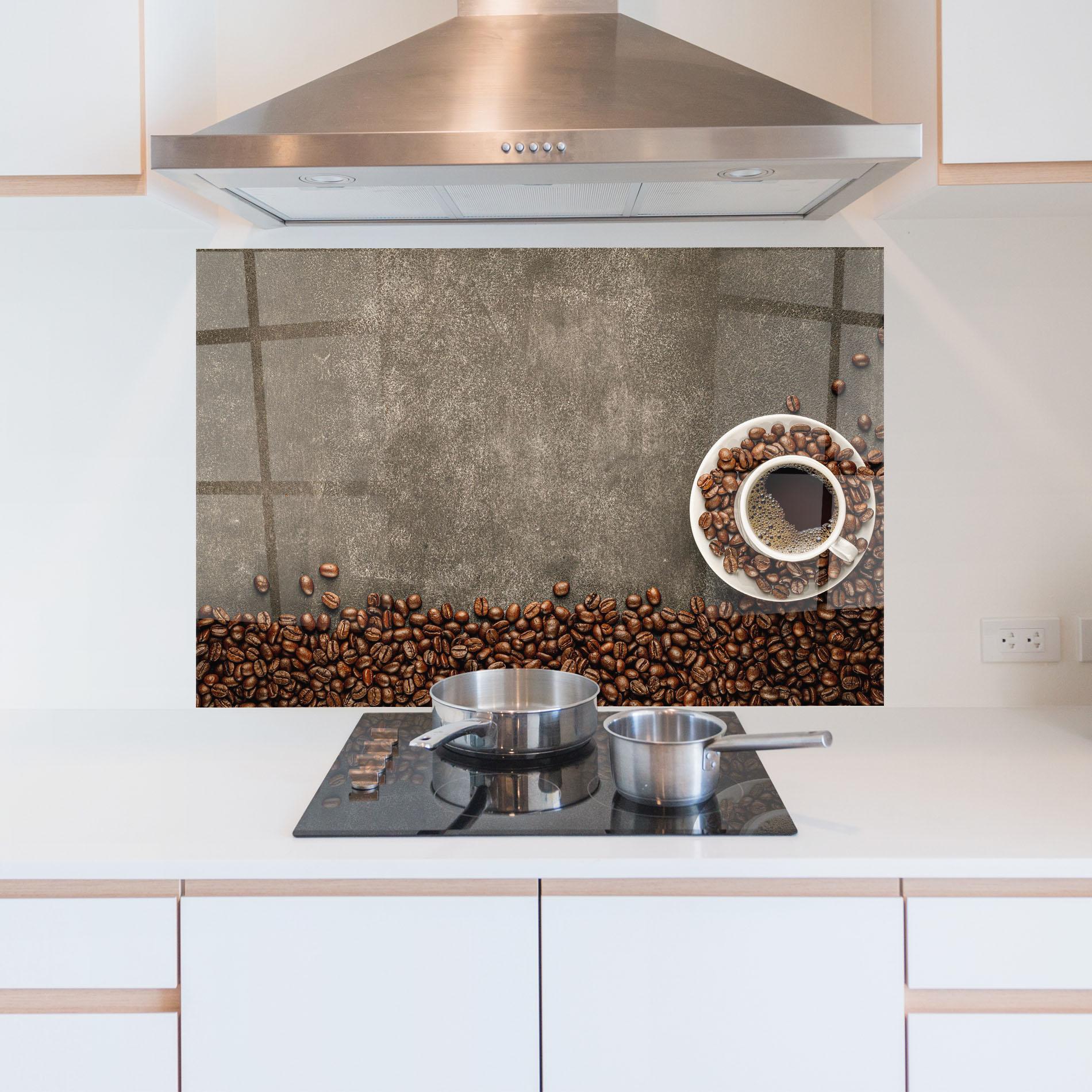 Küchenrückwand Glas Coffee On Grey Table mockup 5