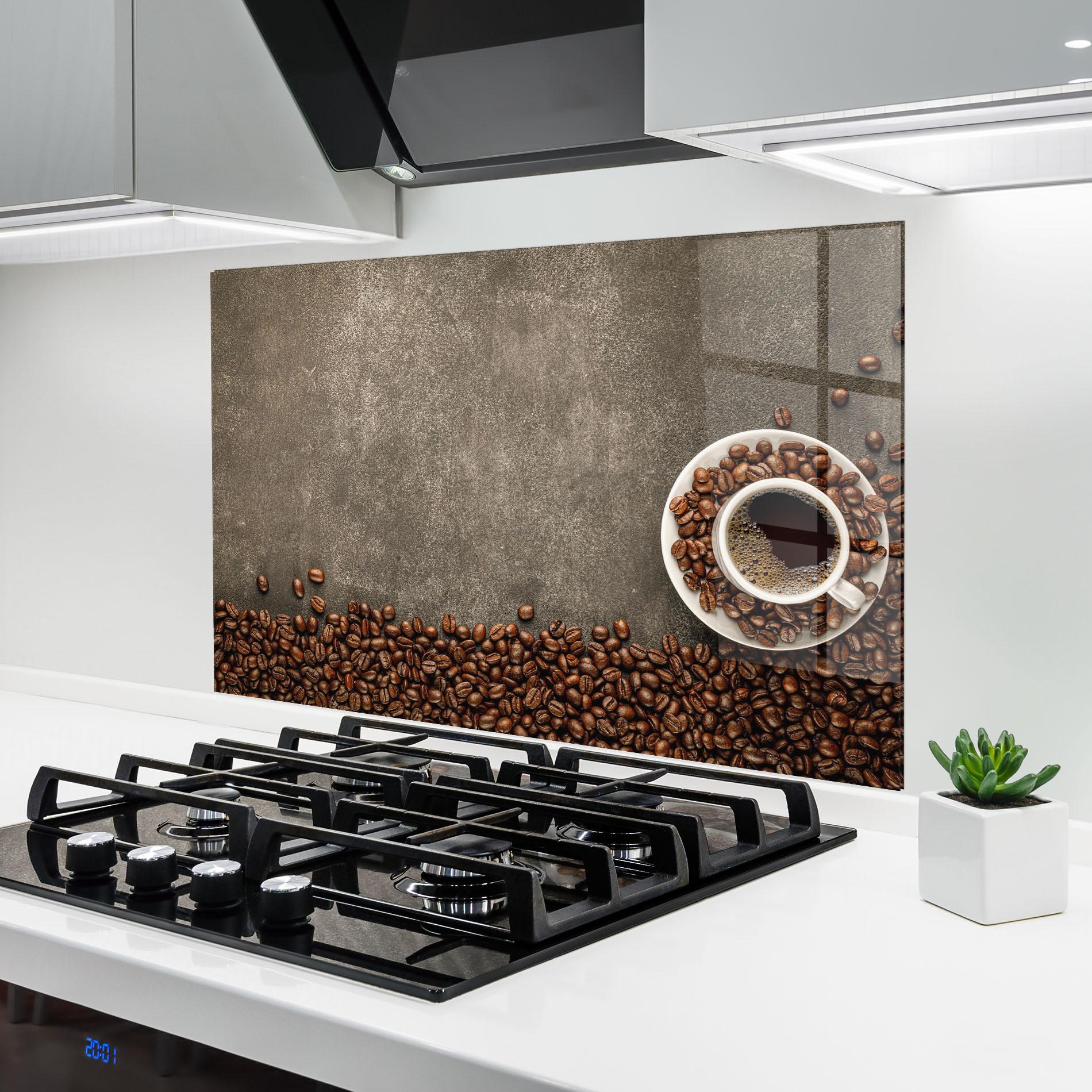 Küchenrückwand Glas Coffee On Grey Table mockup 6