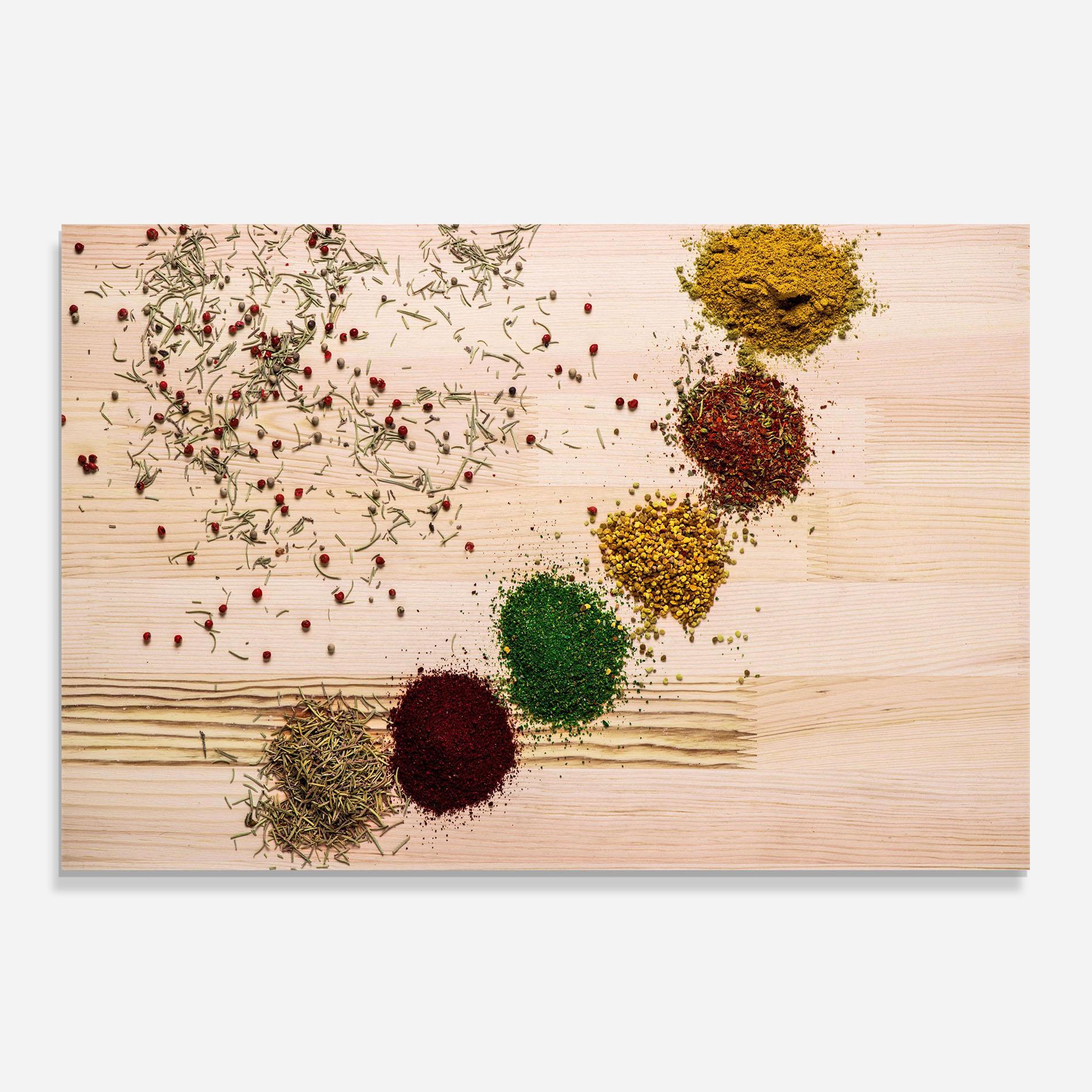 Küchenrückwand Glas Spices Wooden Table mockup 0