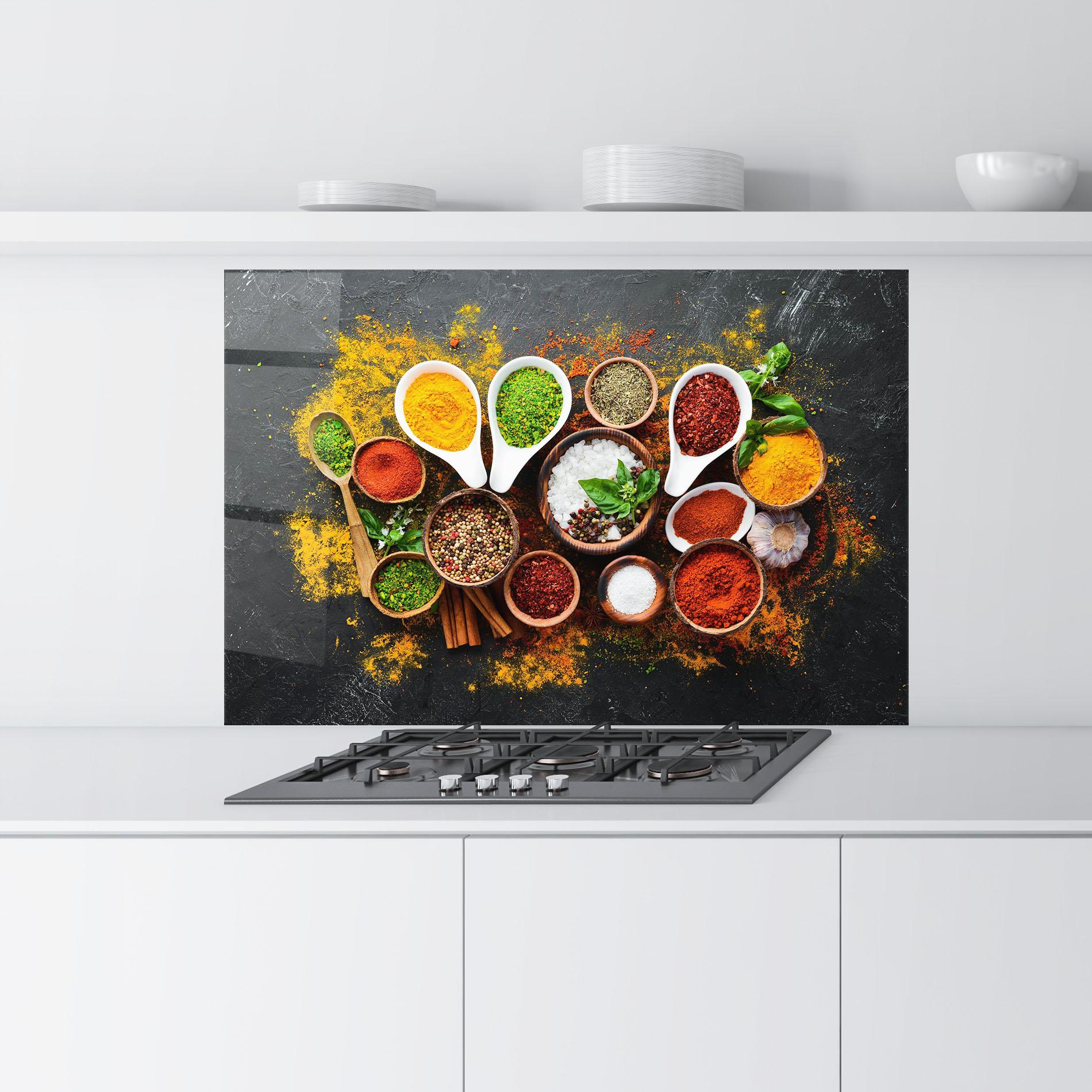 Küchenrückwand Glas Colorful Herbs Spices mockup 9