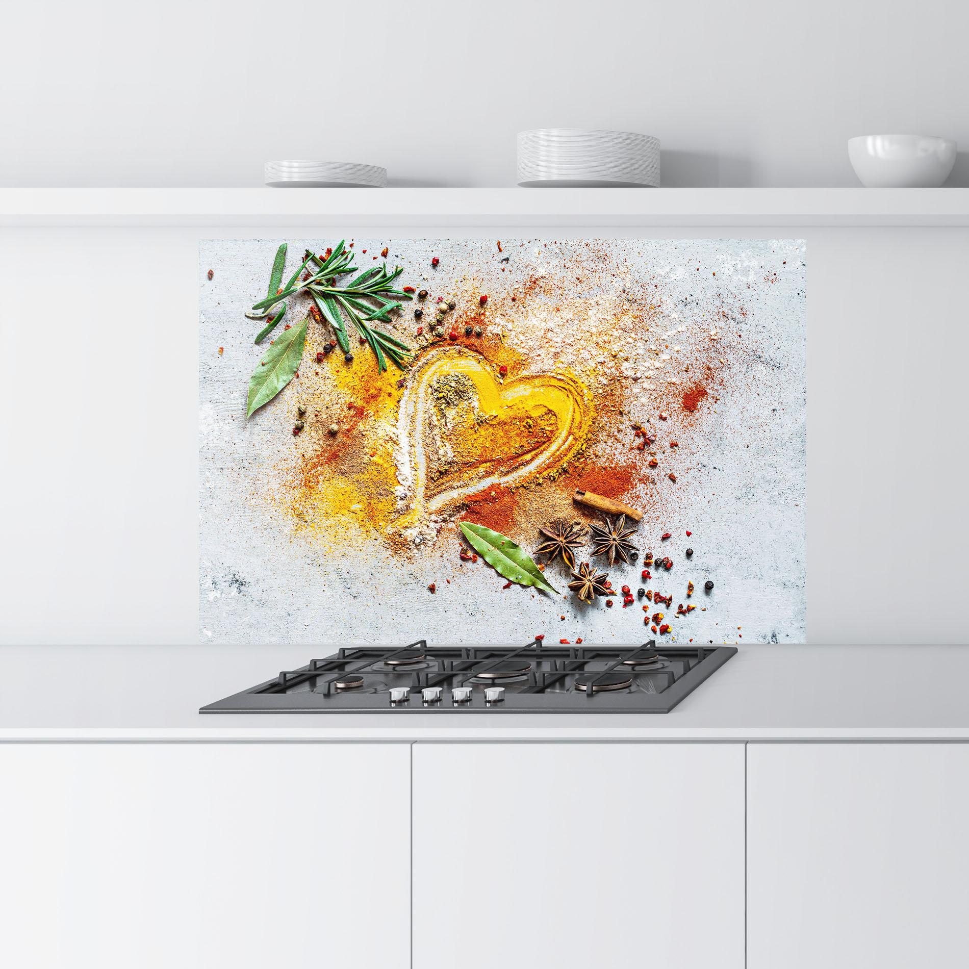 Küchenrückwand Glas Heart Spice Powders mockup 9