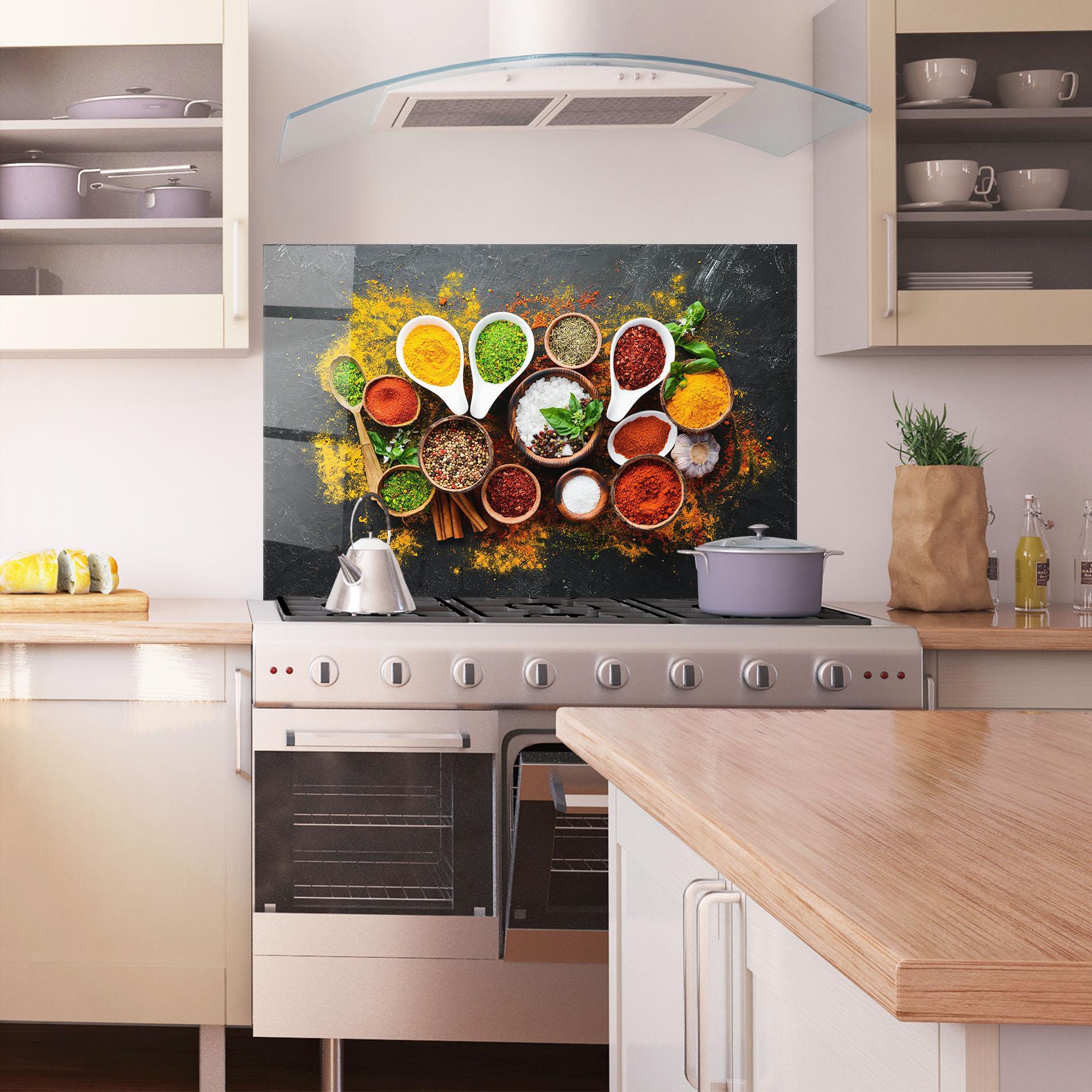 Küchenrückwand Glas Colorful Herbs Spices mockup 1