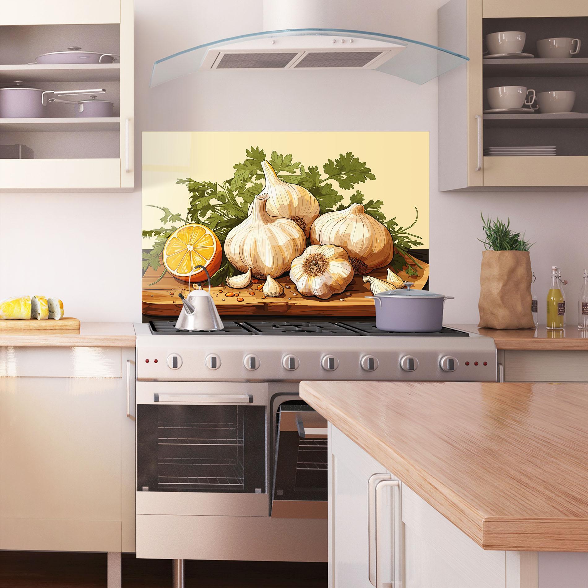 Küchenrückwand Glas Garlic Lemon mockup 1
